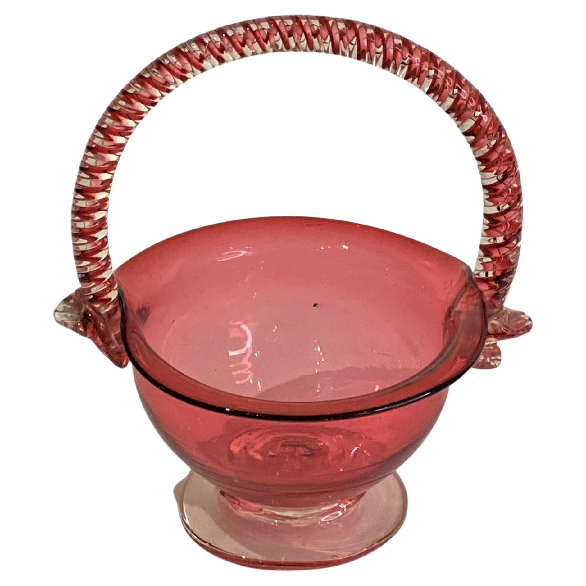19th Century Victorian Cranberry Glass Basket w/ Twist Handle from England