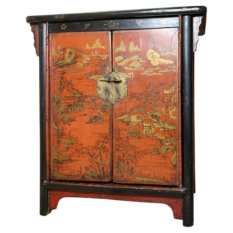 19th Century Victorian, Crimson Red On Black Chinoiserie Cabinet For Sale