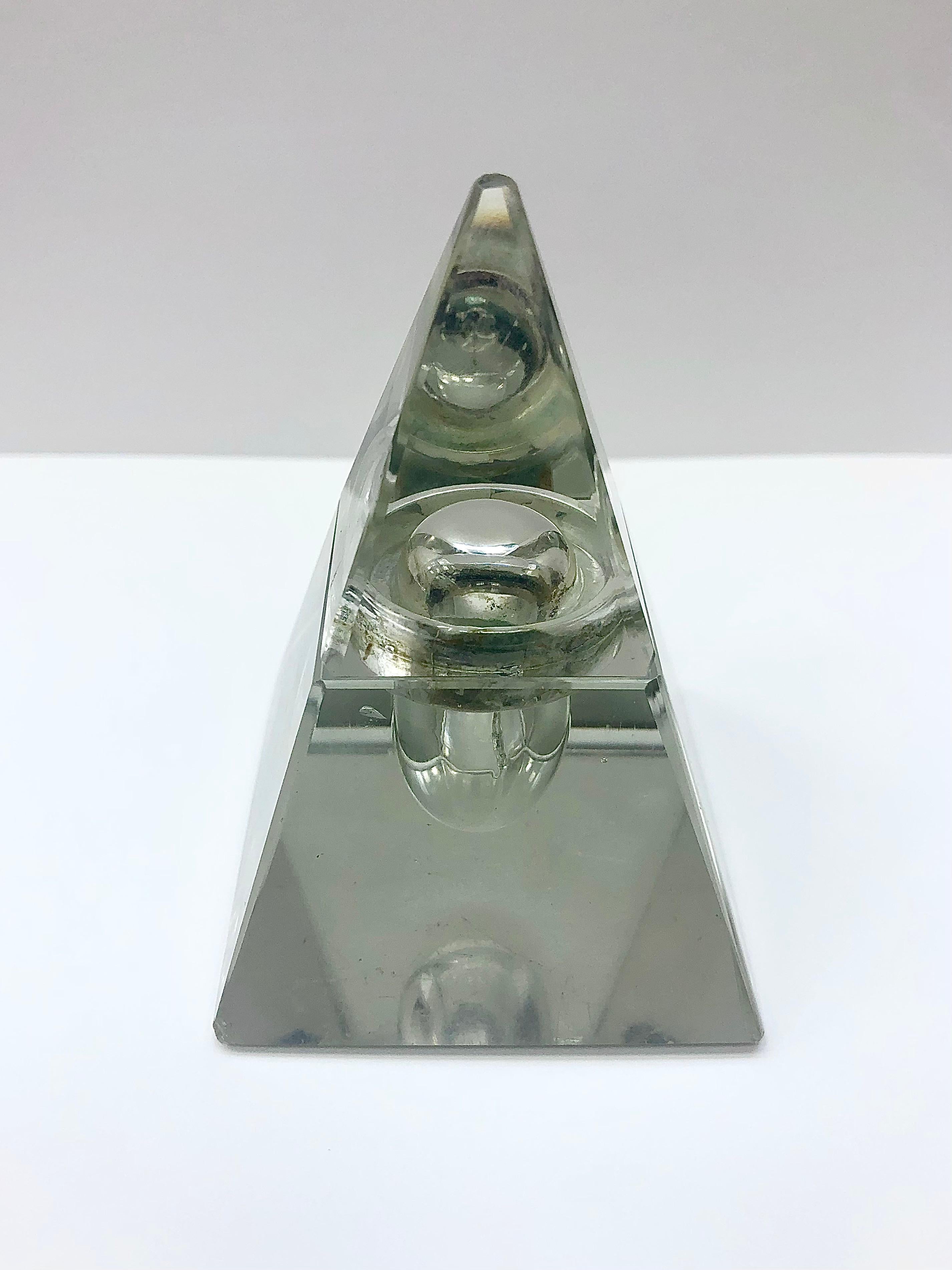 Antique, pyramid shape, crystal inkwell with a brass collar. English 1870. Very nice decorative piece for a desk or collector.