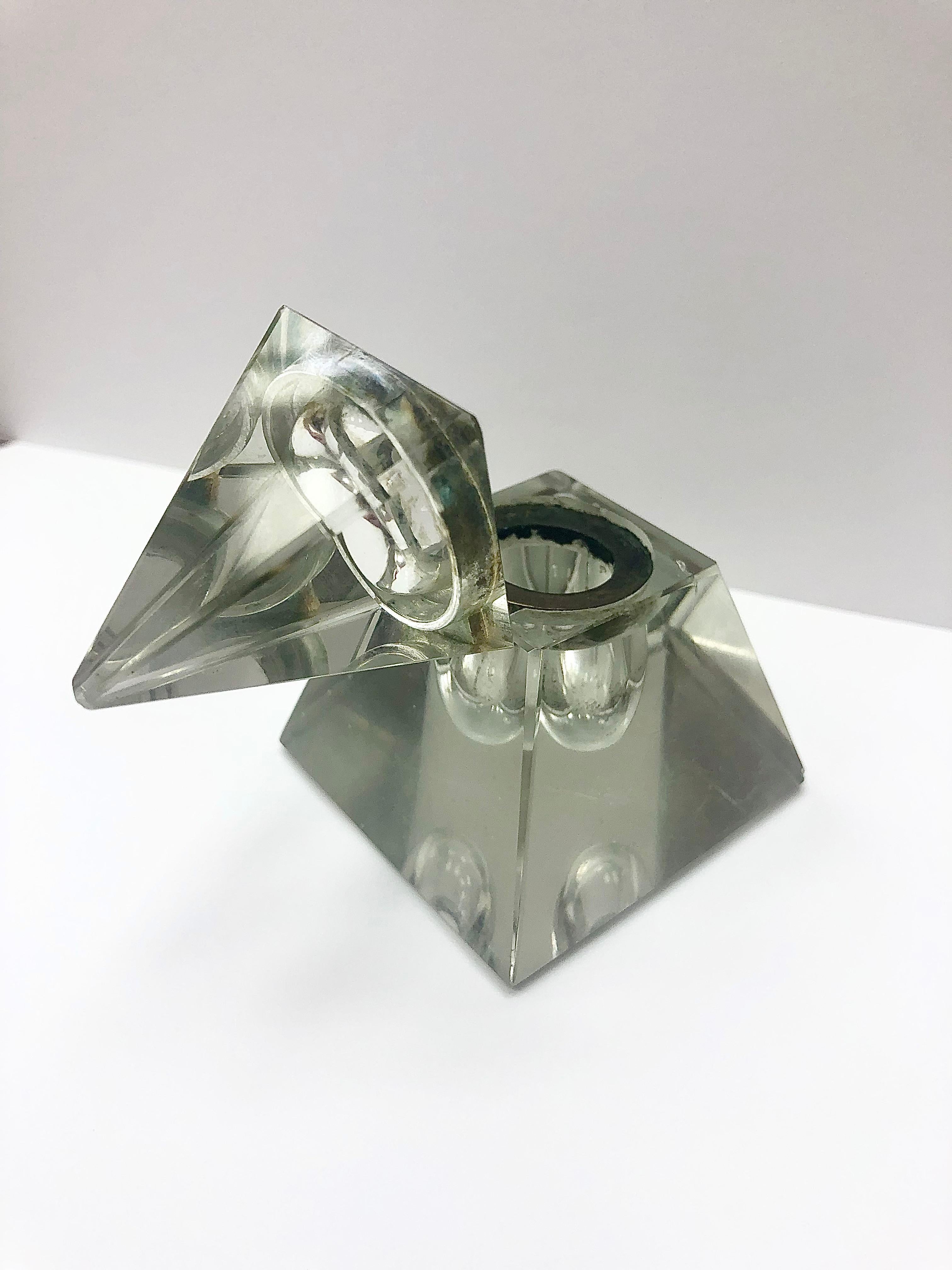 Brass 19th Century Victorian Crystal Pyramid Shape Inkwell