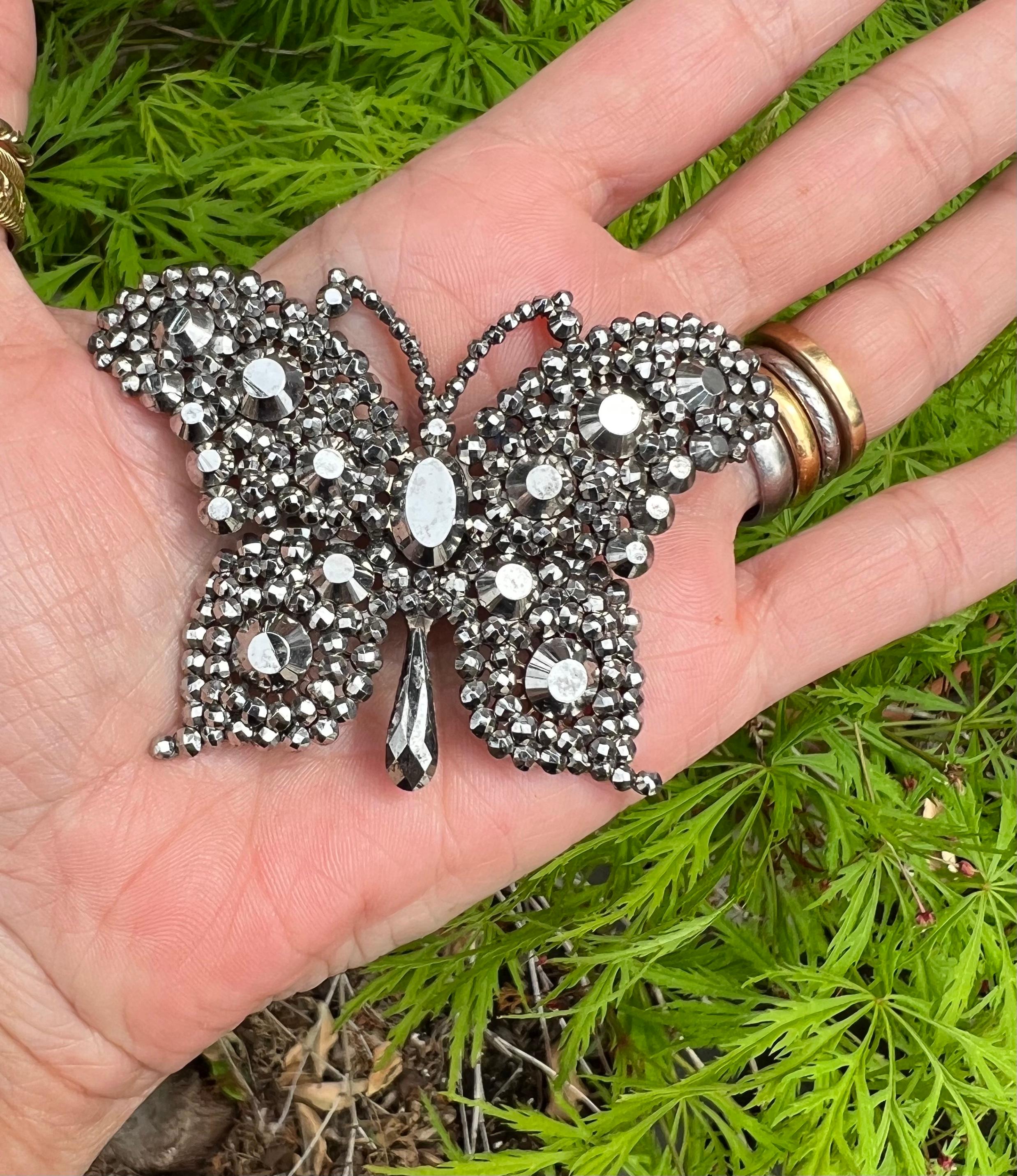19th Century Victorian Cut Steel Extra Large Butterfly Brooch In Good Condition For Sale In New York, NY