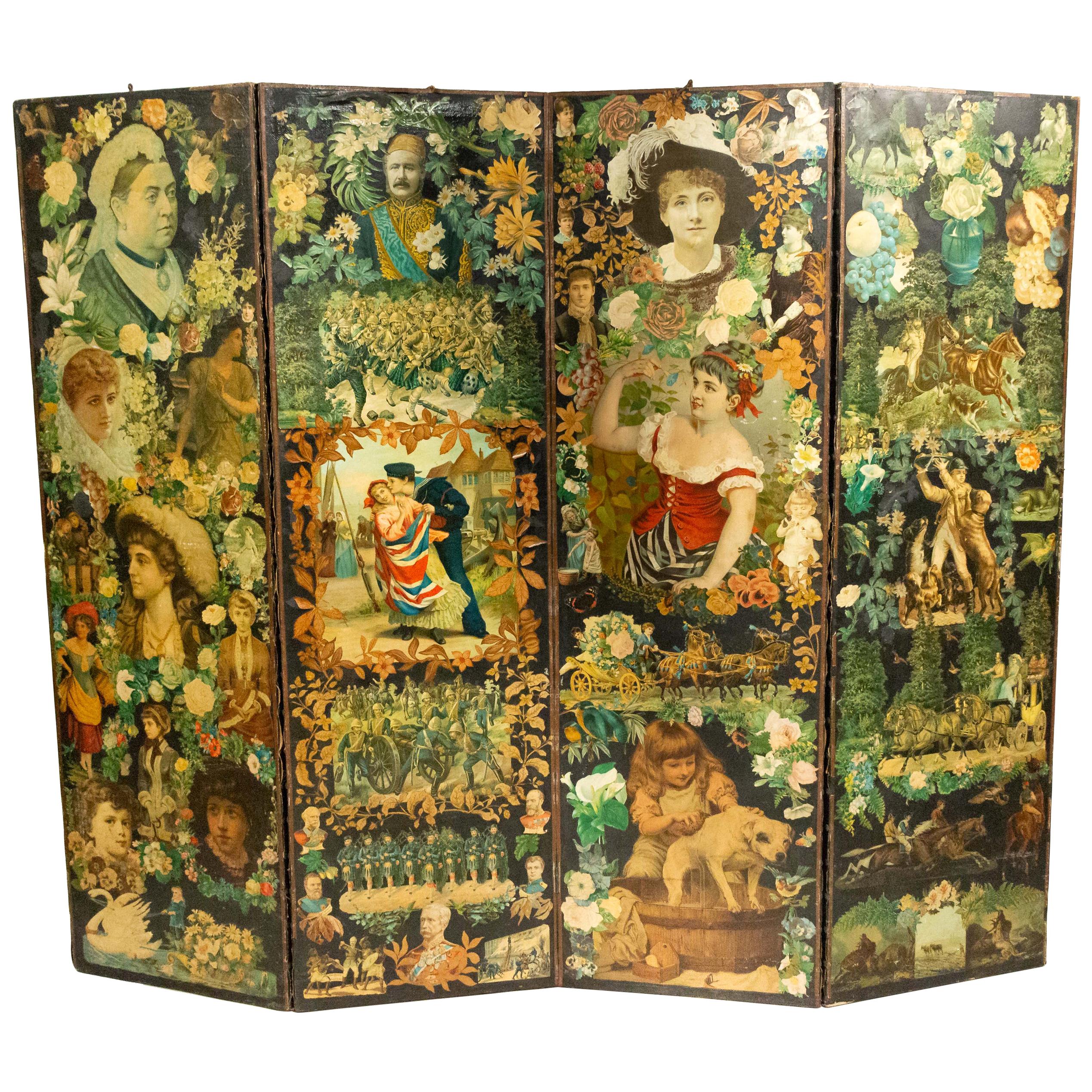 19th Century Victorian Decoupage Screen For Sale