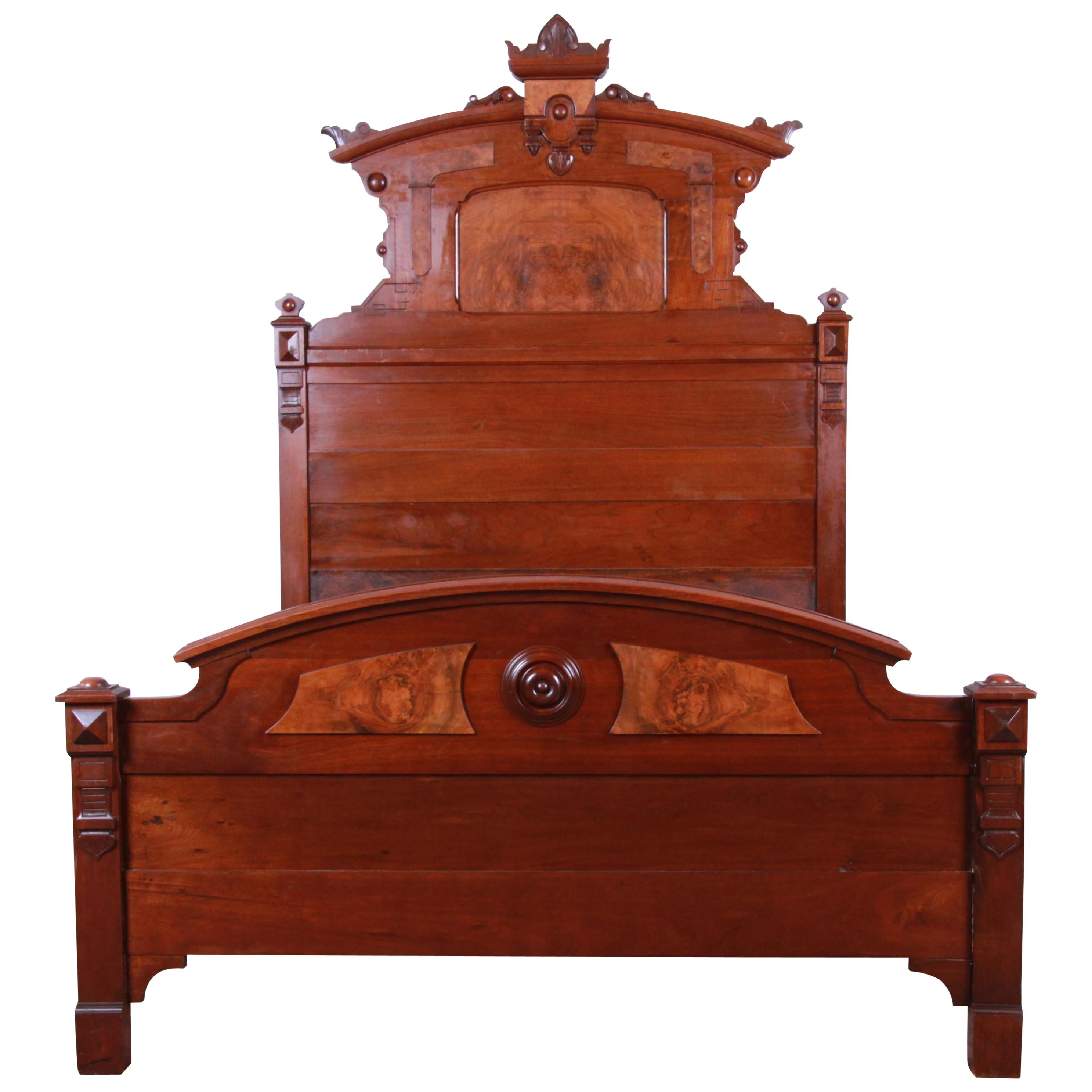 19th Century Victorian Eastlake Carved Walnut and Burl Wood Full Size Bed