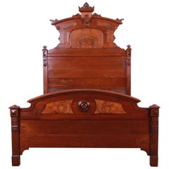 Antique 19th Century Victorian Eastlake Carved Walnut and Burl Wood Full Size Bed