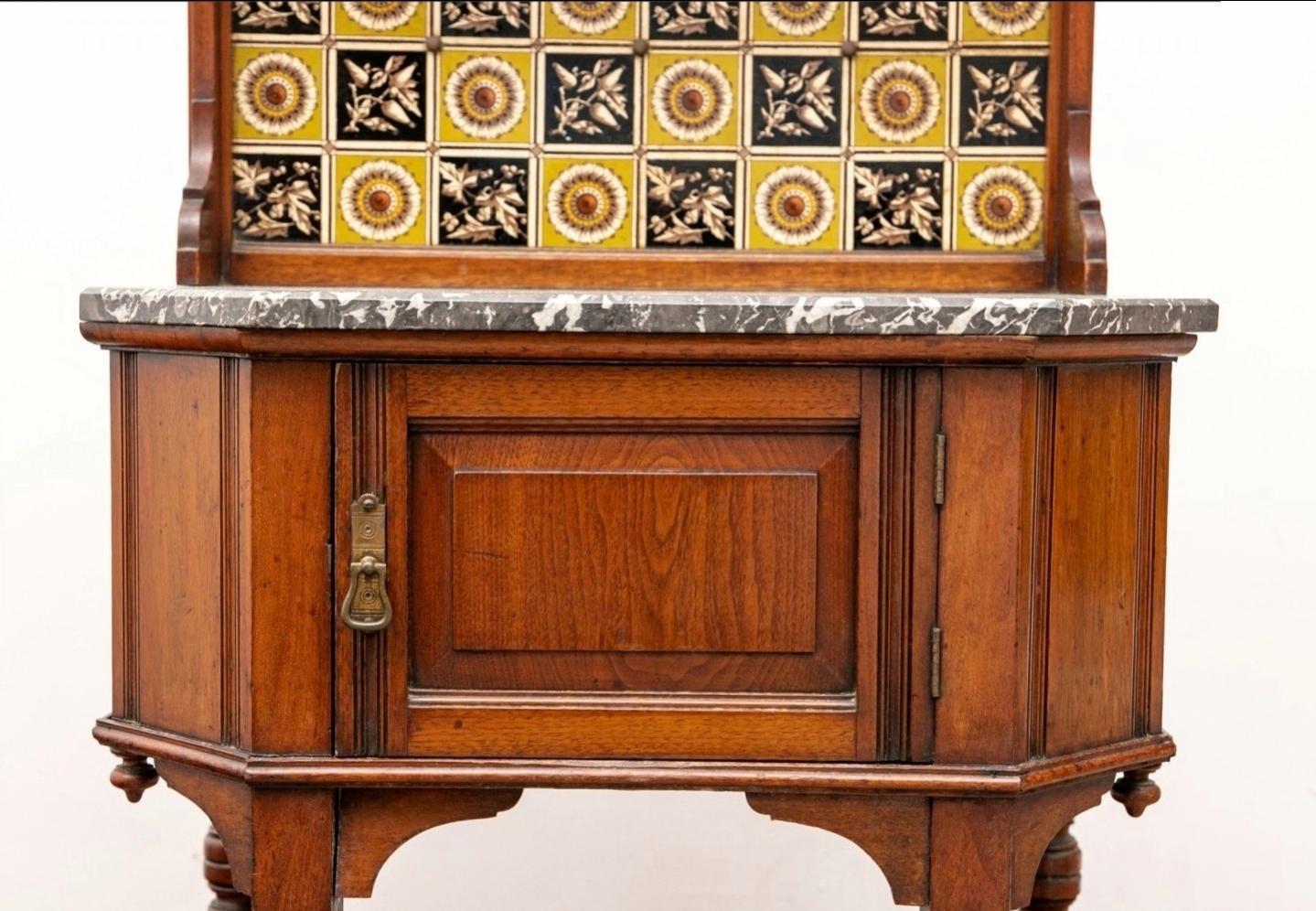 19th Century Victorian Eastlake Walnut Washstand With Ceramic Tiled Backsplash  1