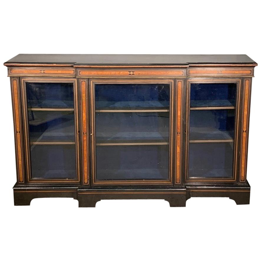 19th Century Victorian Ebonised Breakfront Credenza Bookcase with Burr Walnut