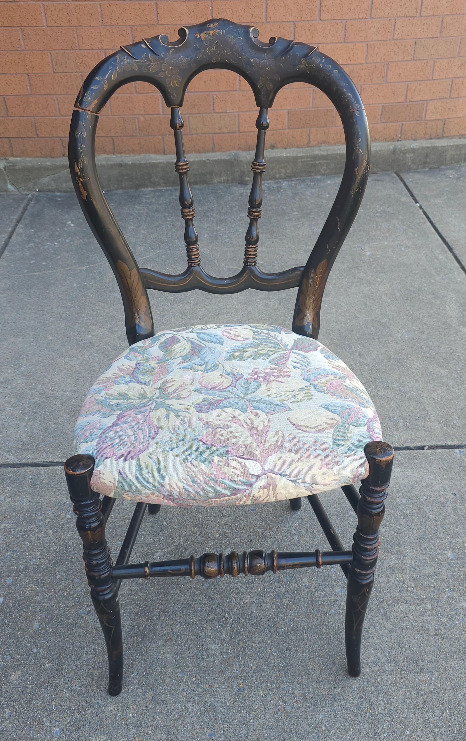A 19th Century Victorian Ebonized, Decorated and Upholstered Side Chair measuring 16.5