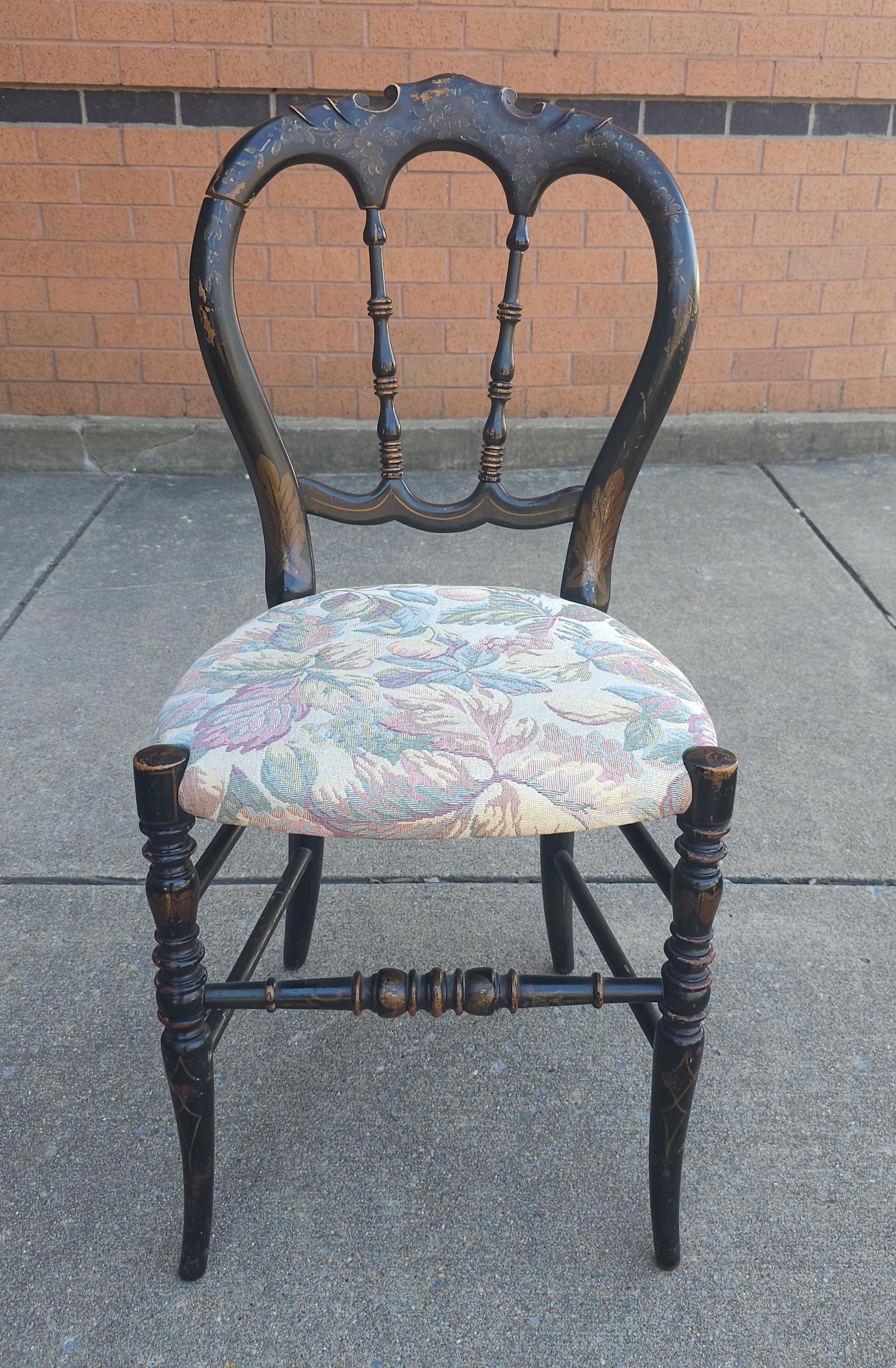 American 19th Century Victorian Ebonized, Decorated and Upholstered Side Chair  For Sale