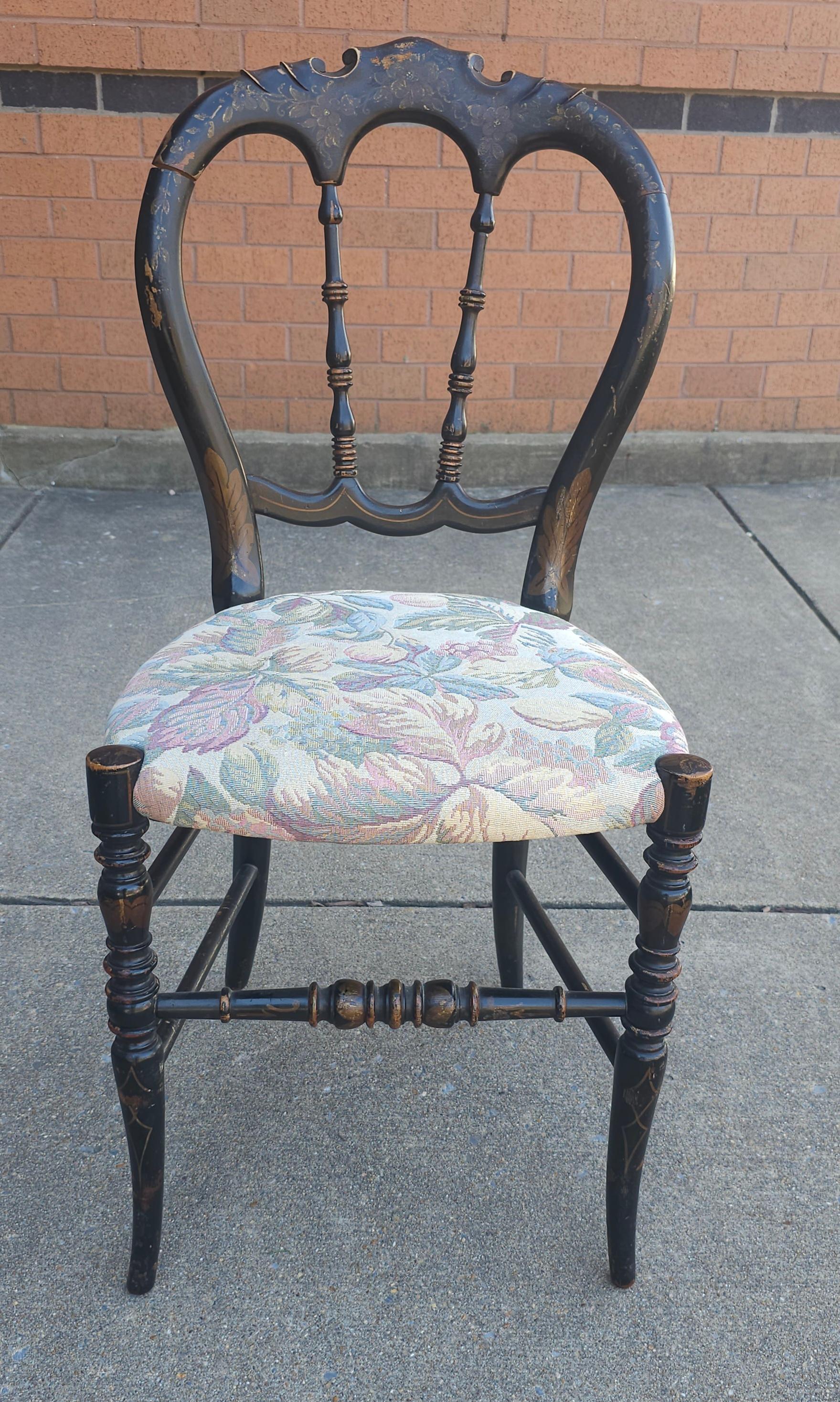 19th Century Victorian Ebonized, Decorated and Upholstered Side Chair  In Good Condition For Sale In Germantown, MD