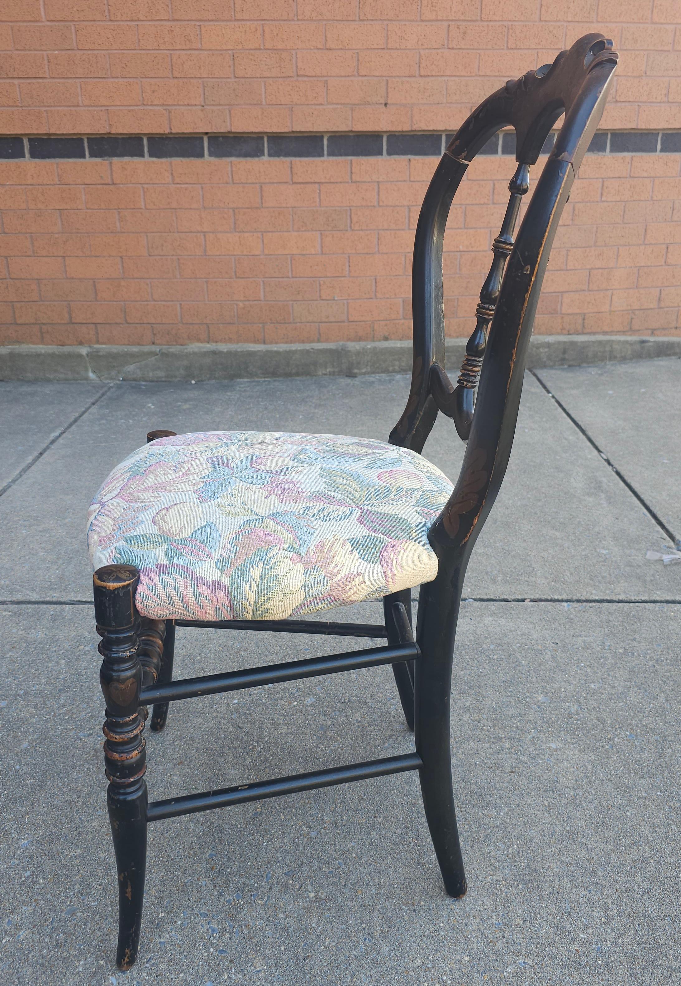 Upholstery 19th Century Victorian Ebonized, Decorated and Upholstered Side Chair  For Sale