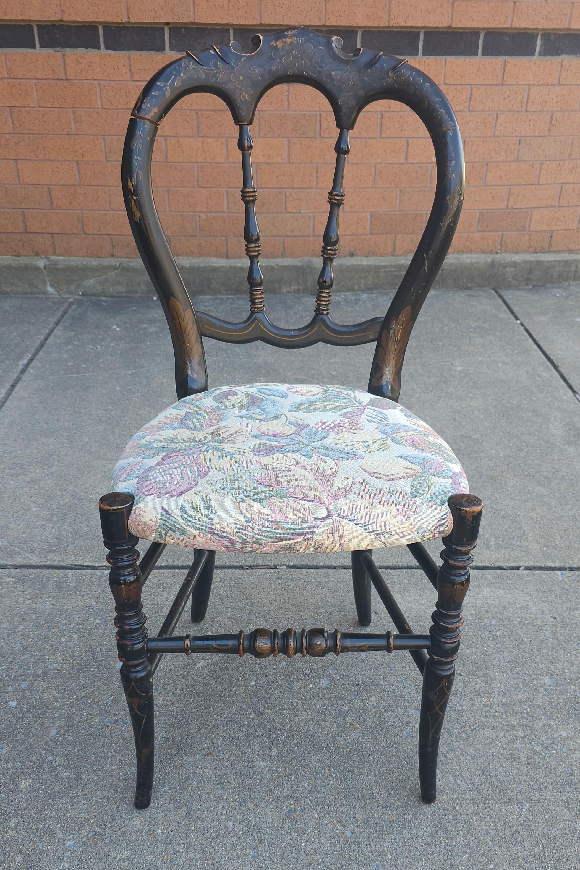 19th Century Victorian Ebonized, Decorated and Upholstered Side Chair  For Sale 2