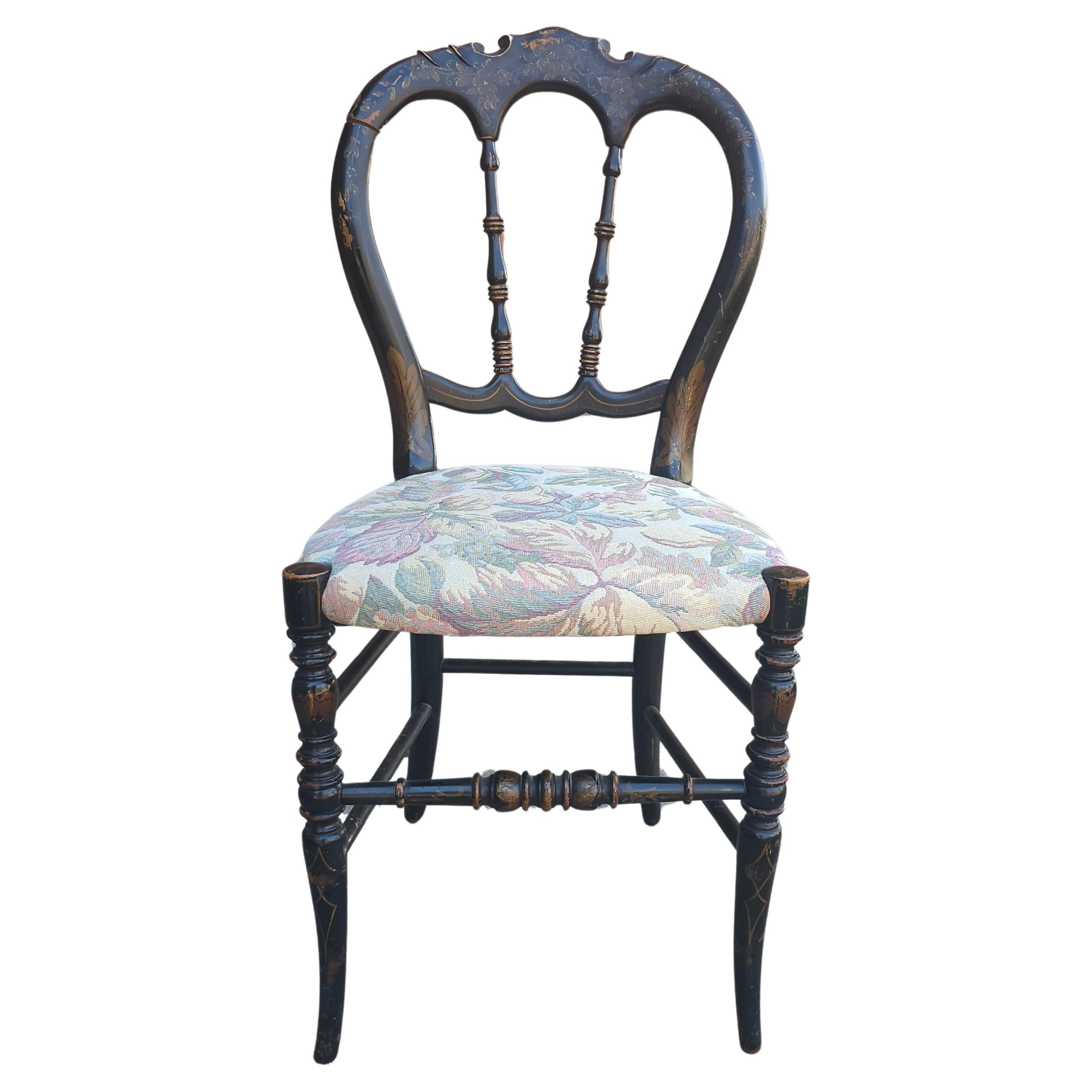 19th Century Victorian Ebonized, Decorated and Upholstered Side Chair 