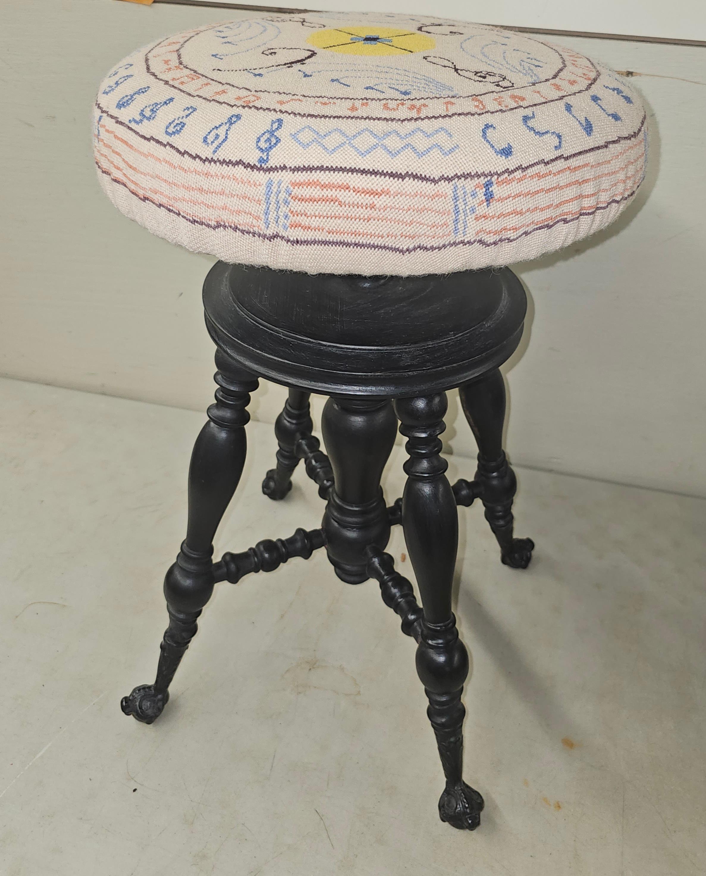19th Century Victorian Ebonized Wood and Needlepoint Piano Stool For Sale 4