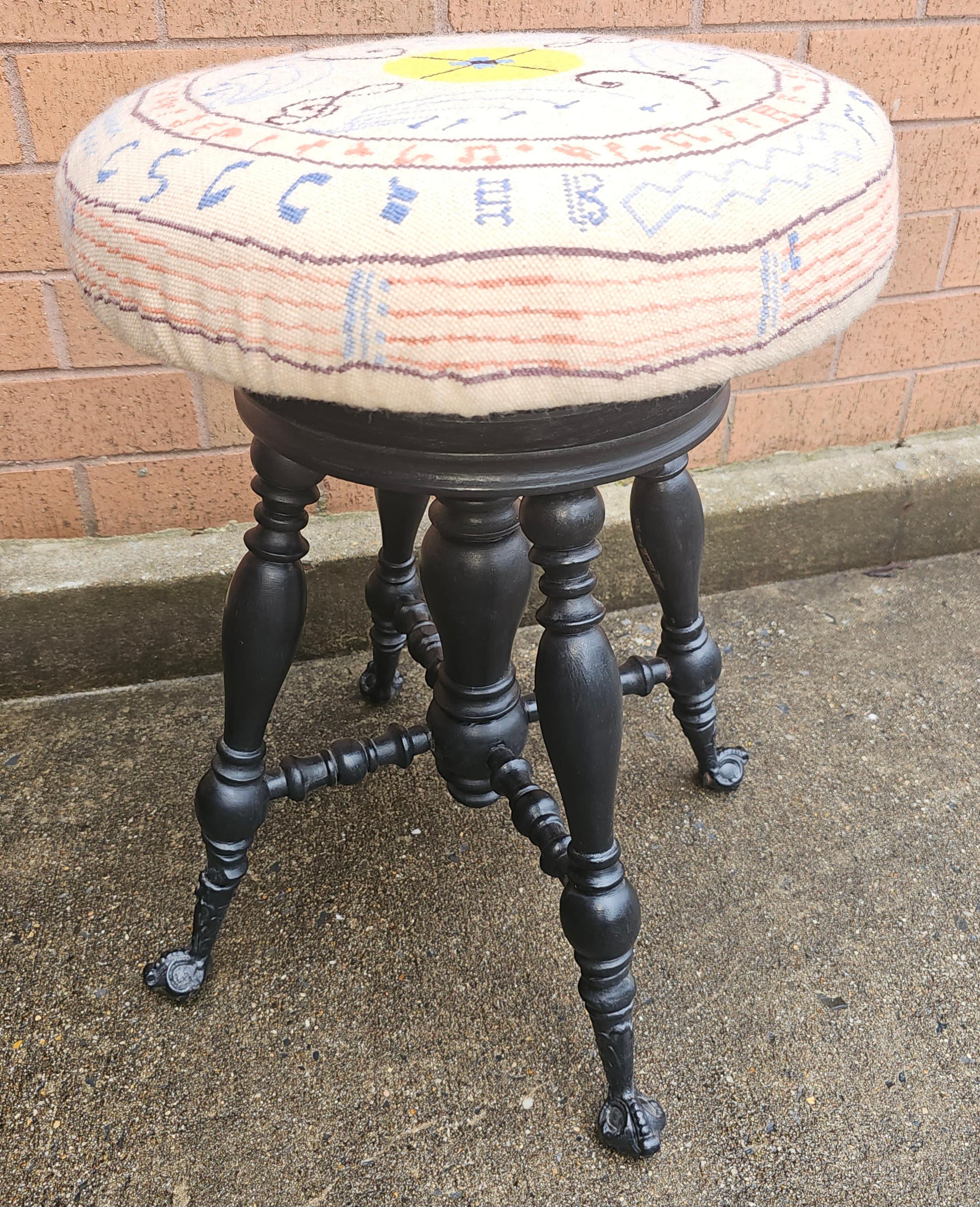 19th Century Victorian Ebonized Wood and Needlepoint Piano Stool For Sale 5