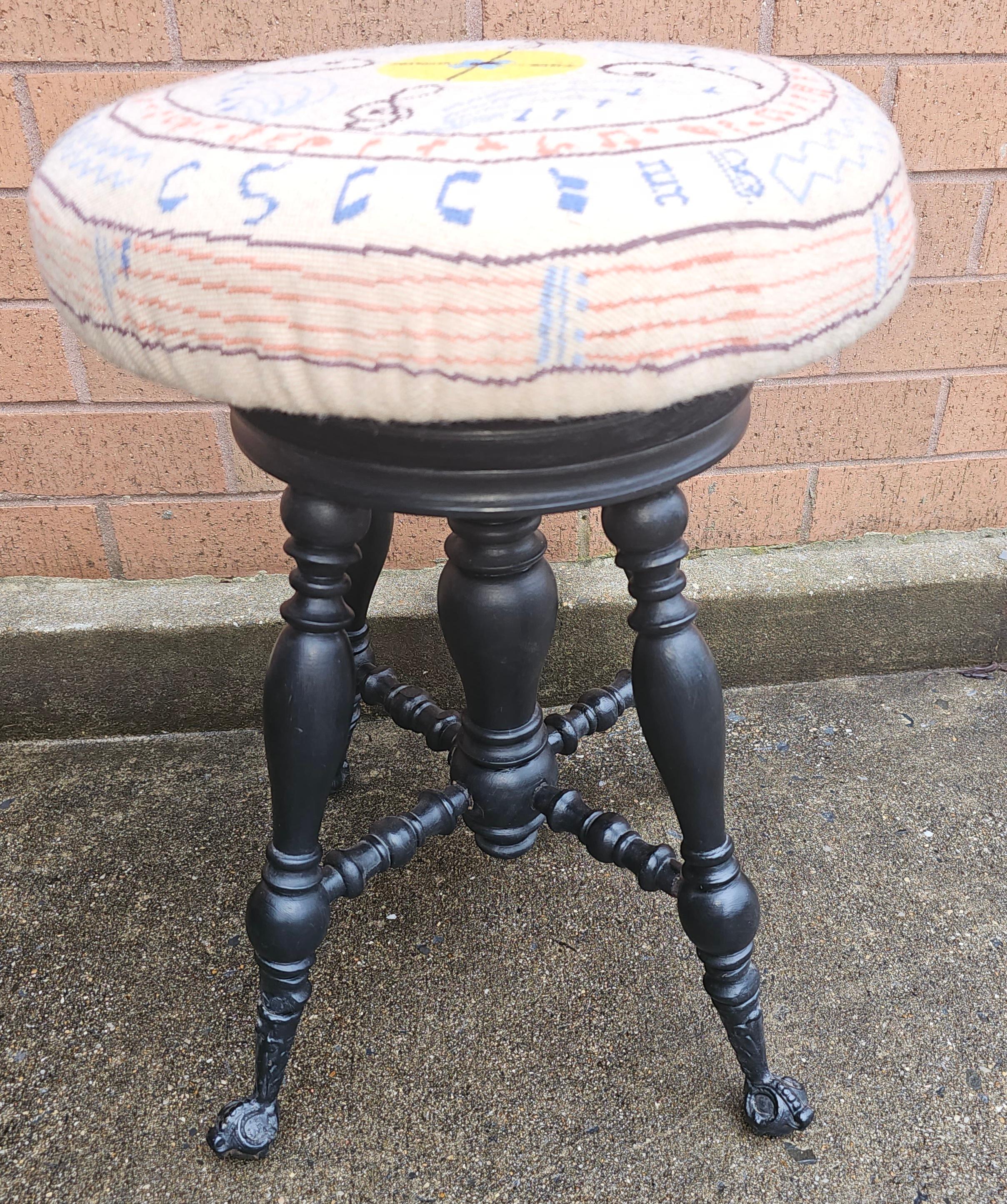 19th Century Victorian Ebonized Wood and Needlepoint Piano Stool For Sale 1