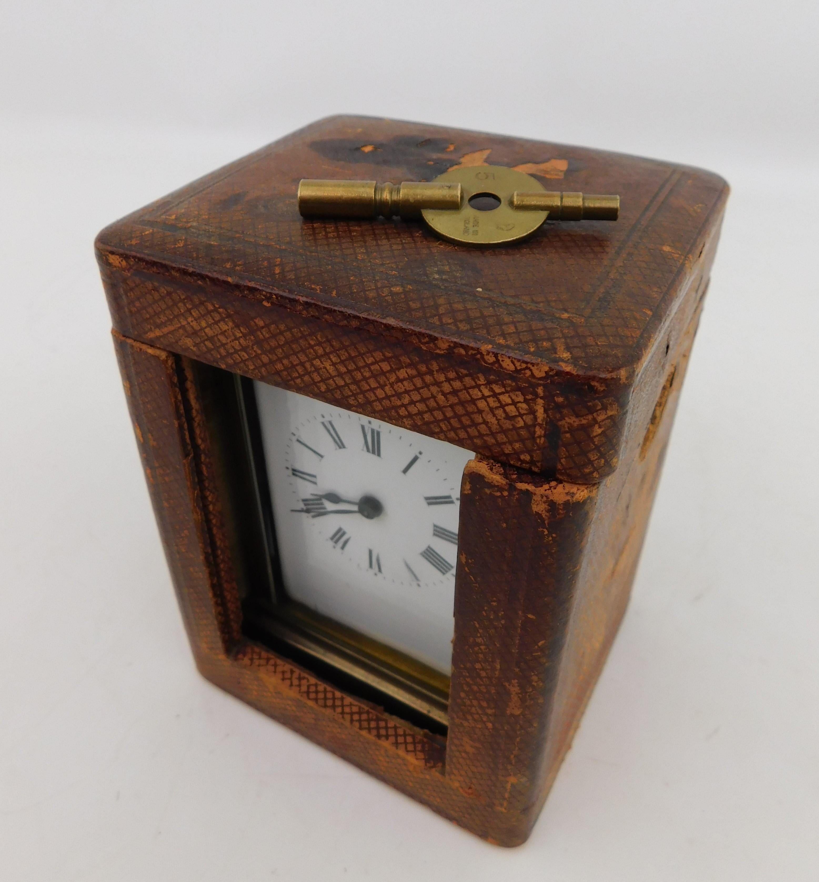 19th Century Victorian English Carriage Travel Clock in Leather Case with Key For Sale 6