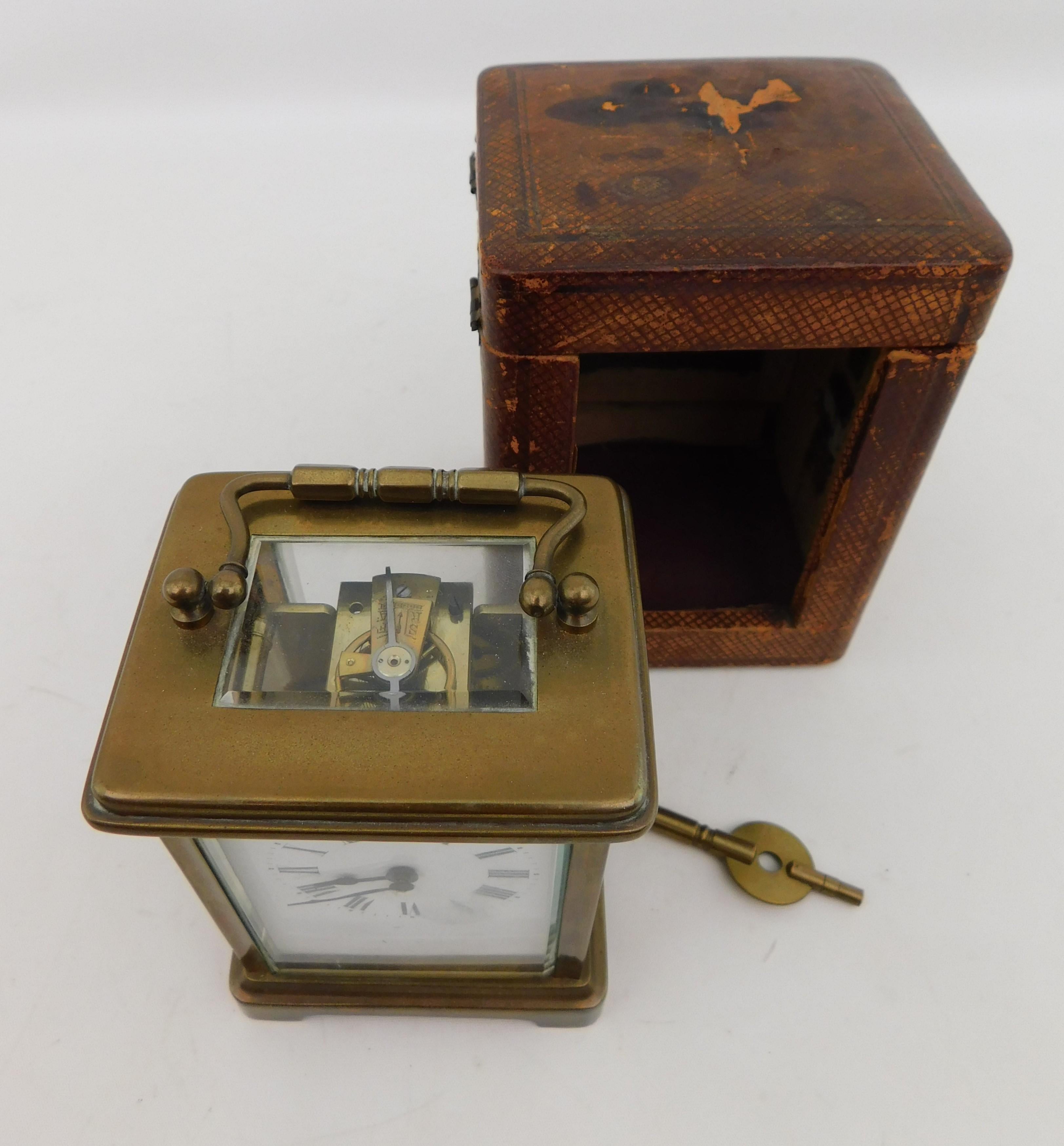 19th Century Victorian English Carriage Travel Clock in Leather Case with Key For Sale 7