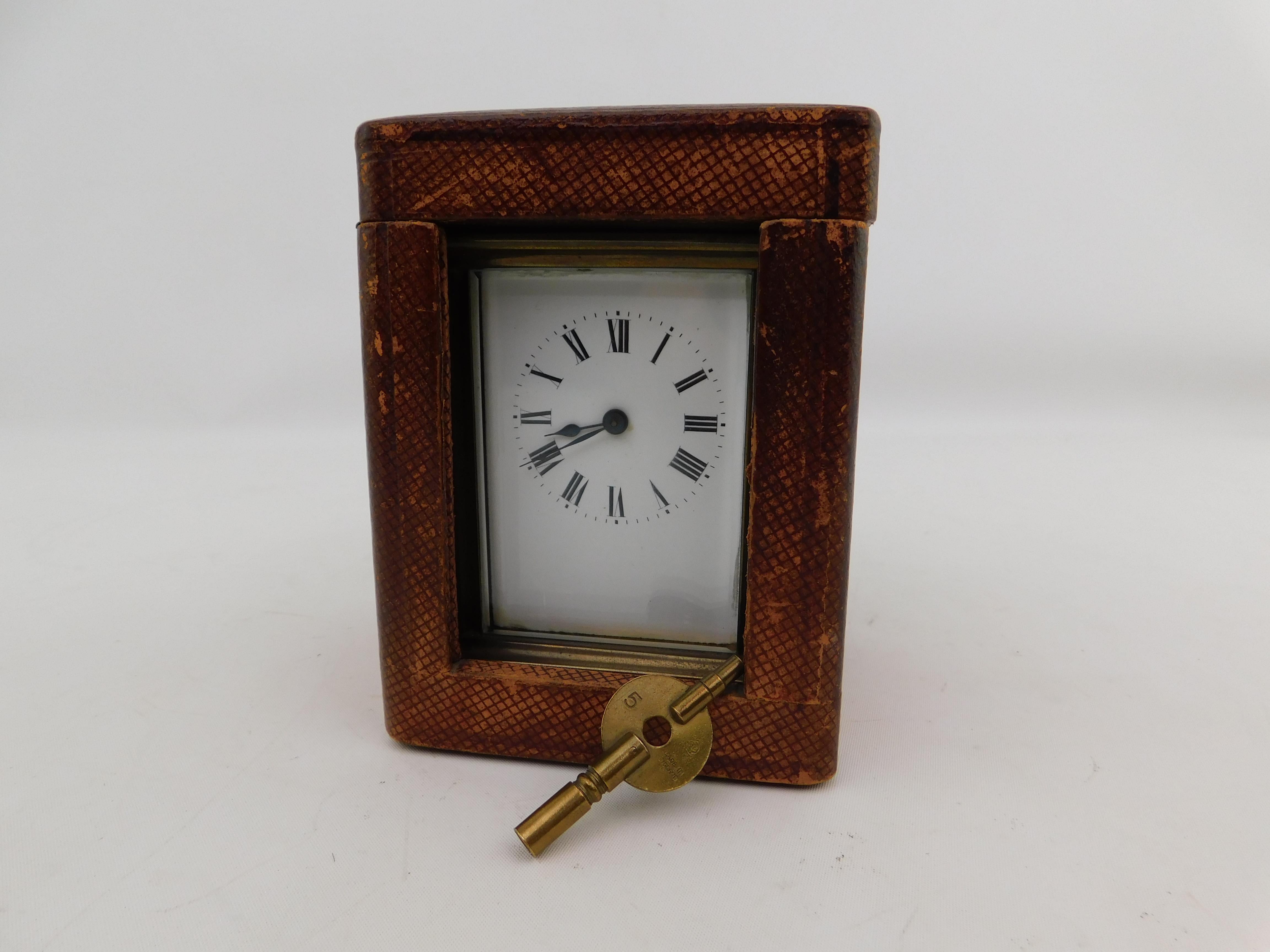 19th Century Victorian English Carriage Travel Clock in Leather Case with Key For Sale 8