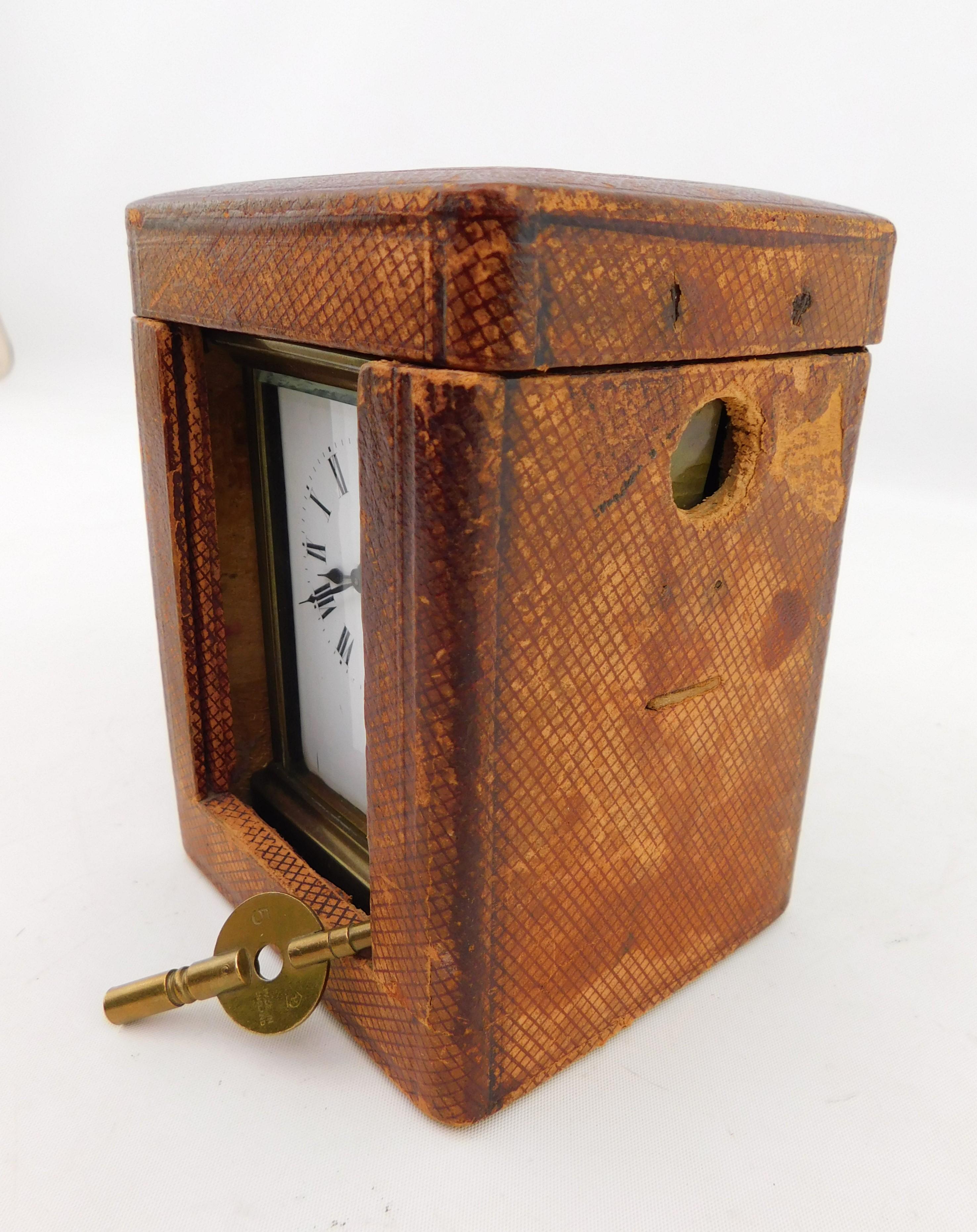 19th Century Victorian English Carriage Travel Clock in Leather Case with Key For Sale 9