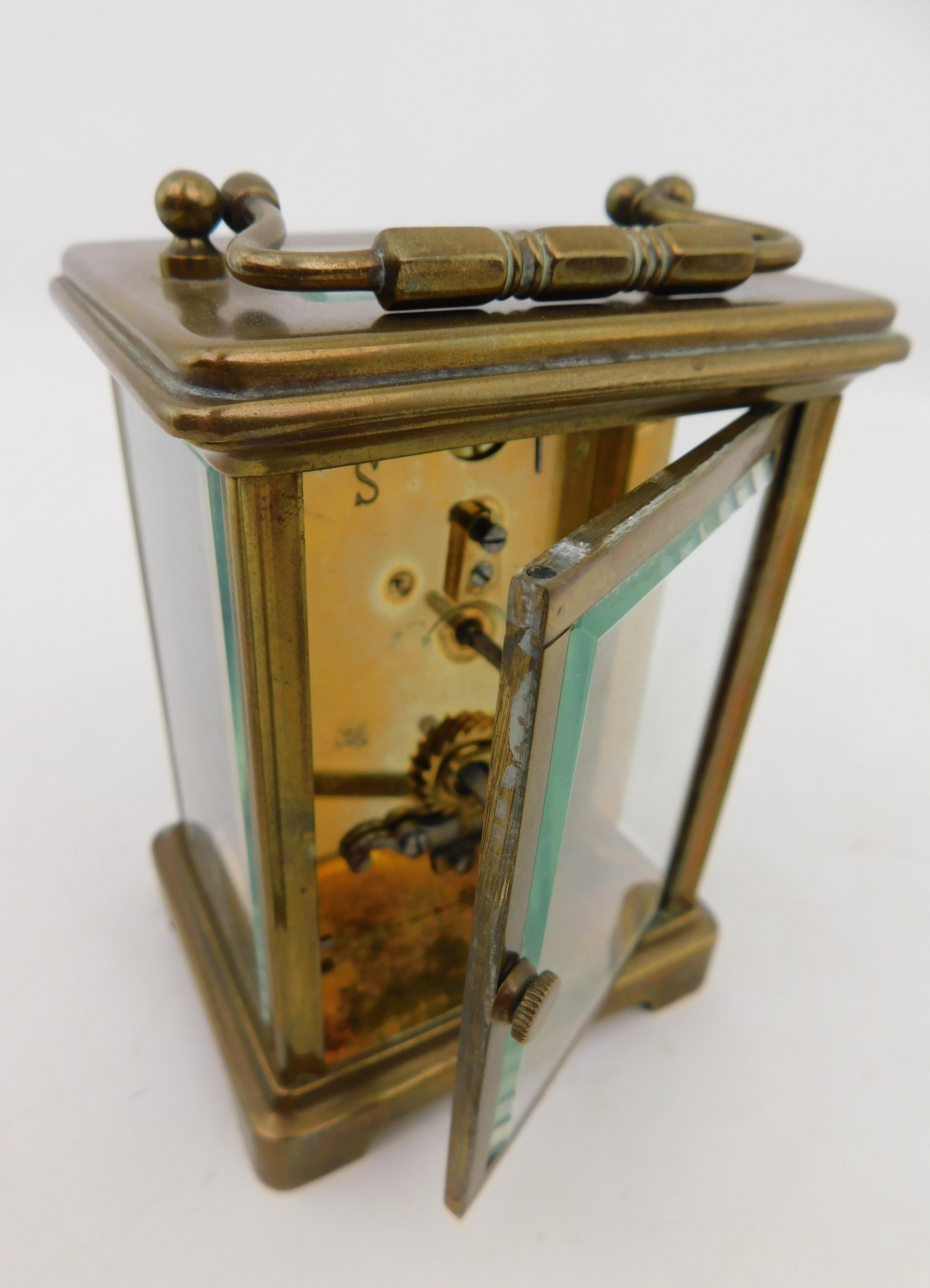 Brass 19th Century Victorian English Carriage Travel Clock in Leather Case with Key For Sale