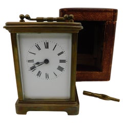 19th Century Victorian English Carriage Travel Clock in Leather Case with Key