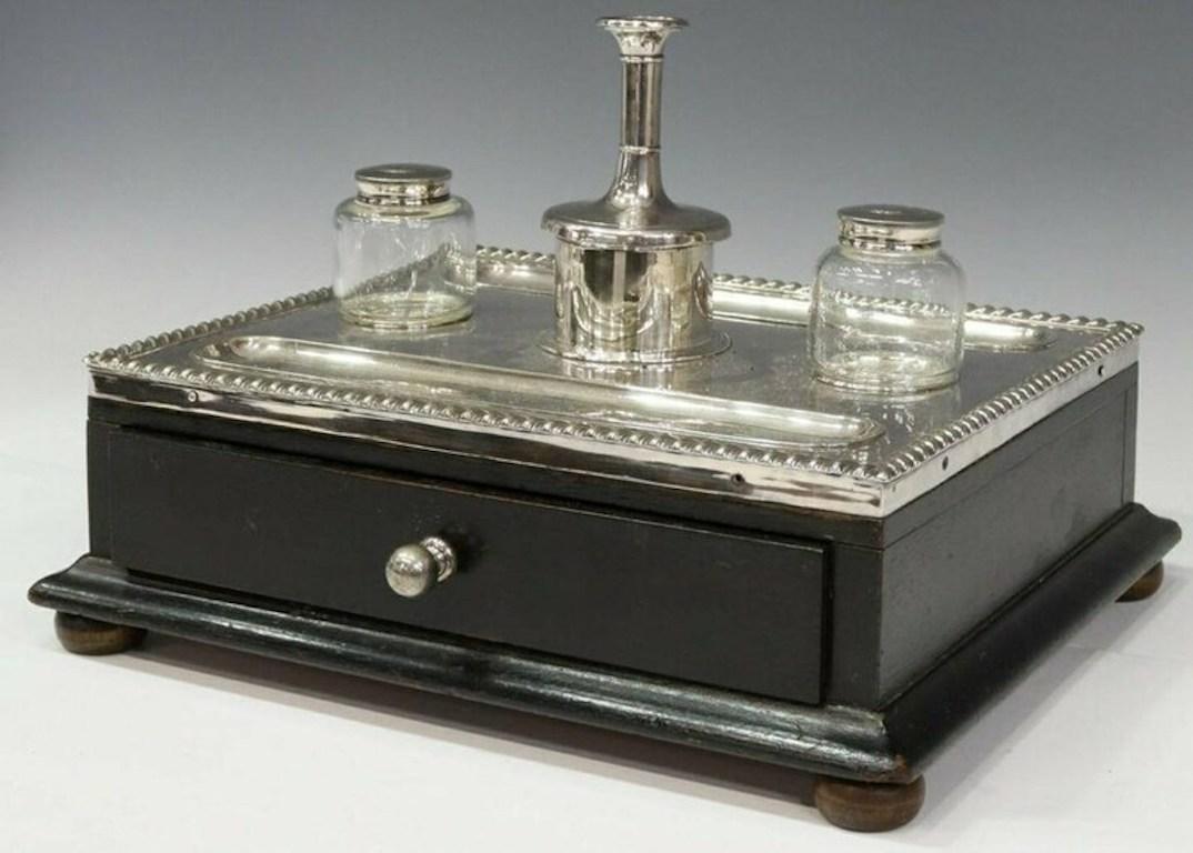 Ebonized 19th Century Victorian English Double Inkwell Desk Set For Sale