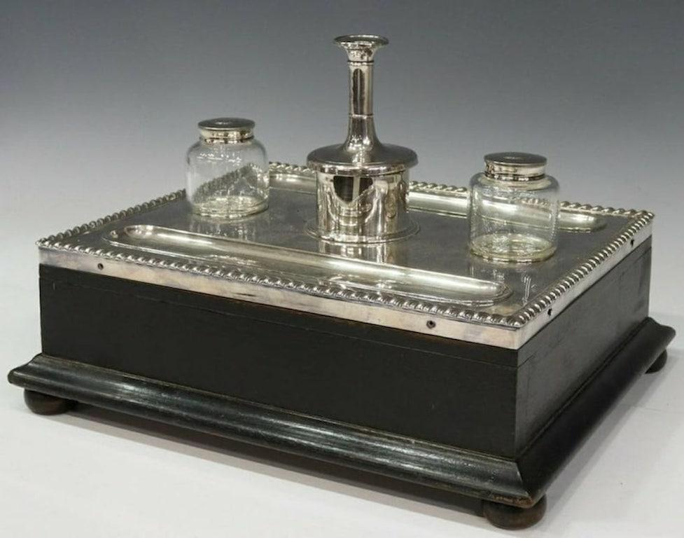 Silver Plate 19th Century Victorian English Double Inkwell Desk Set For Sale