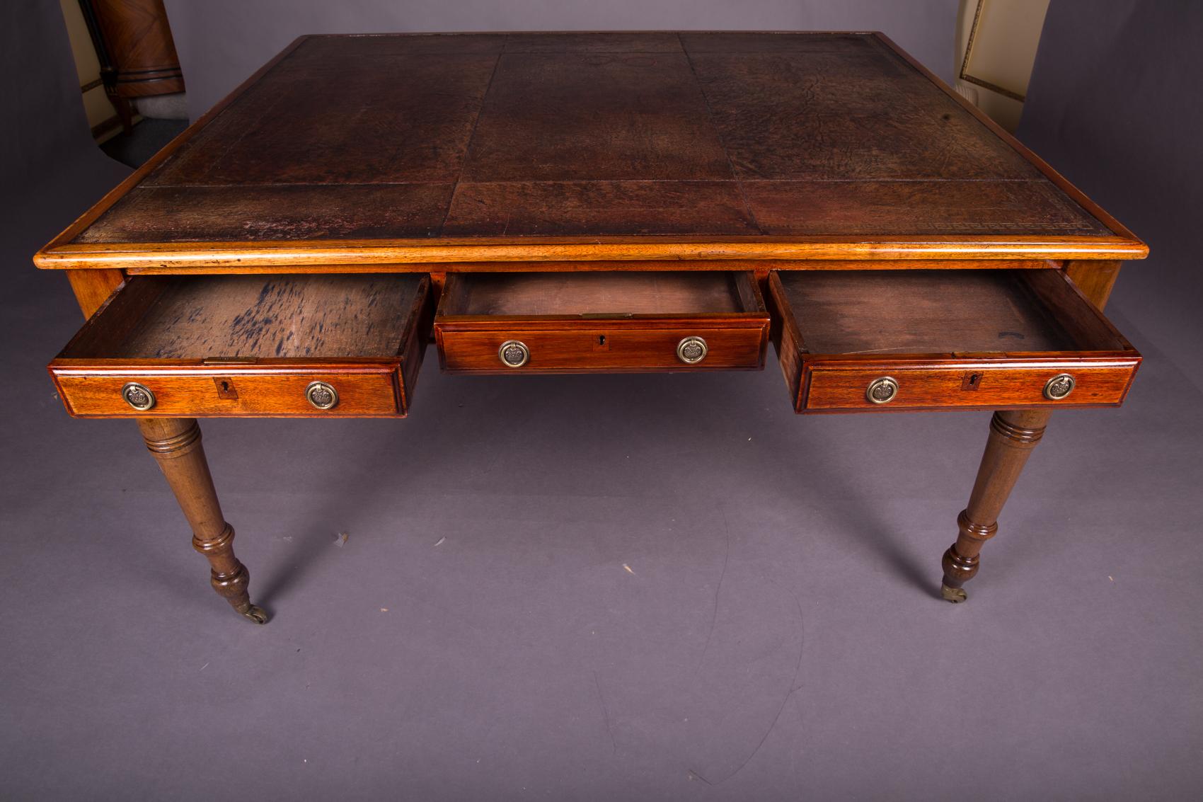 19th Century Victorian English Partner Desk Column Shaped Legs Writing Table 11