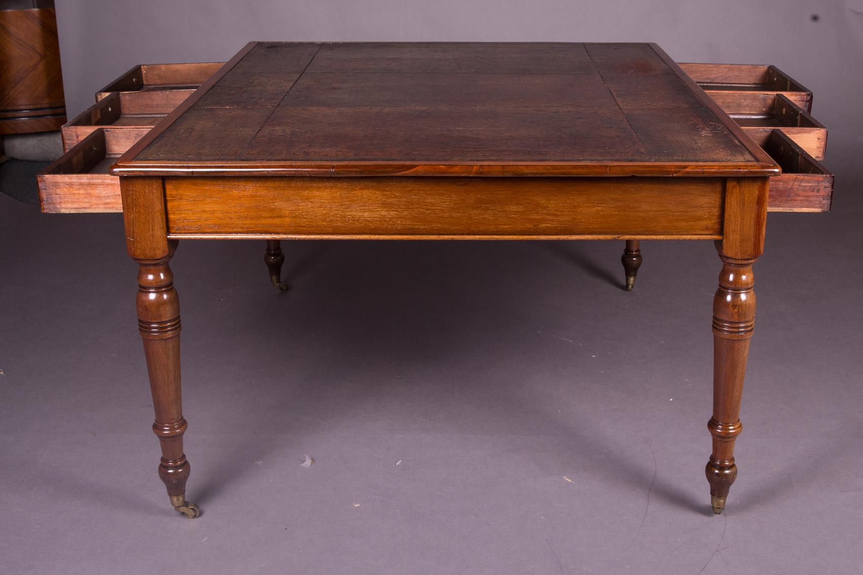 19th Century Victorian English Partner Desk Column Shaped Legs Writing Table 12