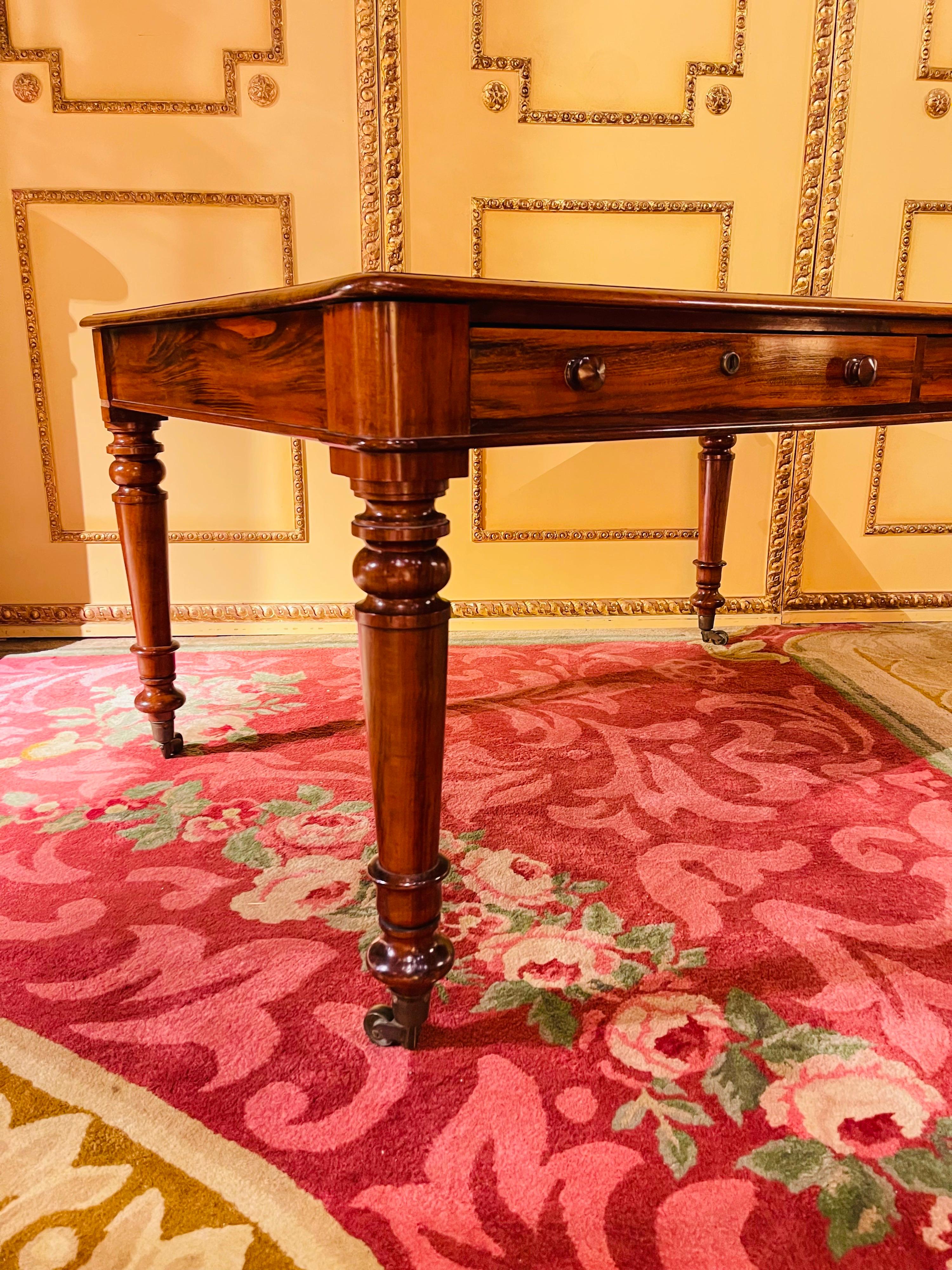 Leather 19th Century Victorian English Partner Desk Column Shaped Legs Writing Table