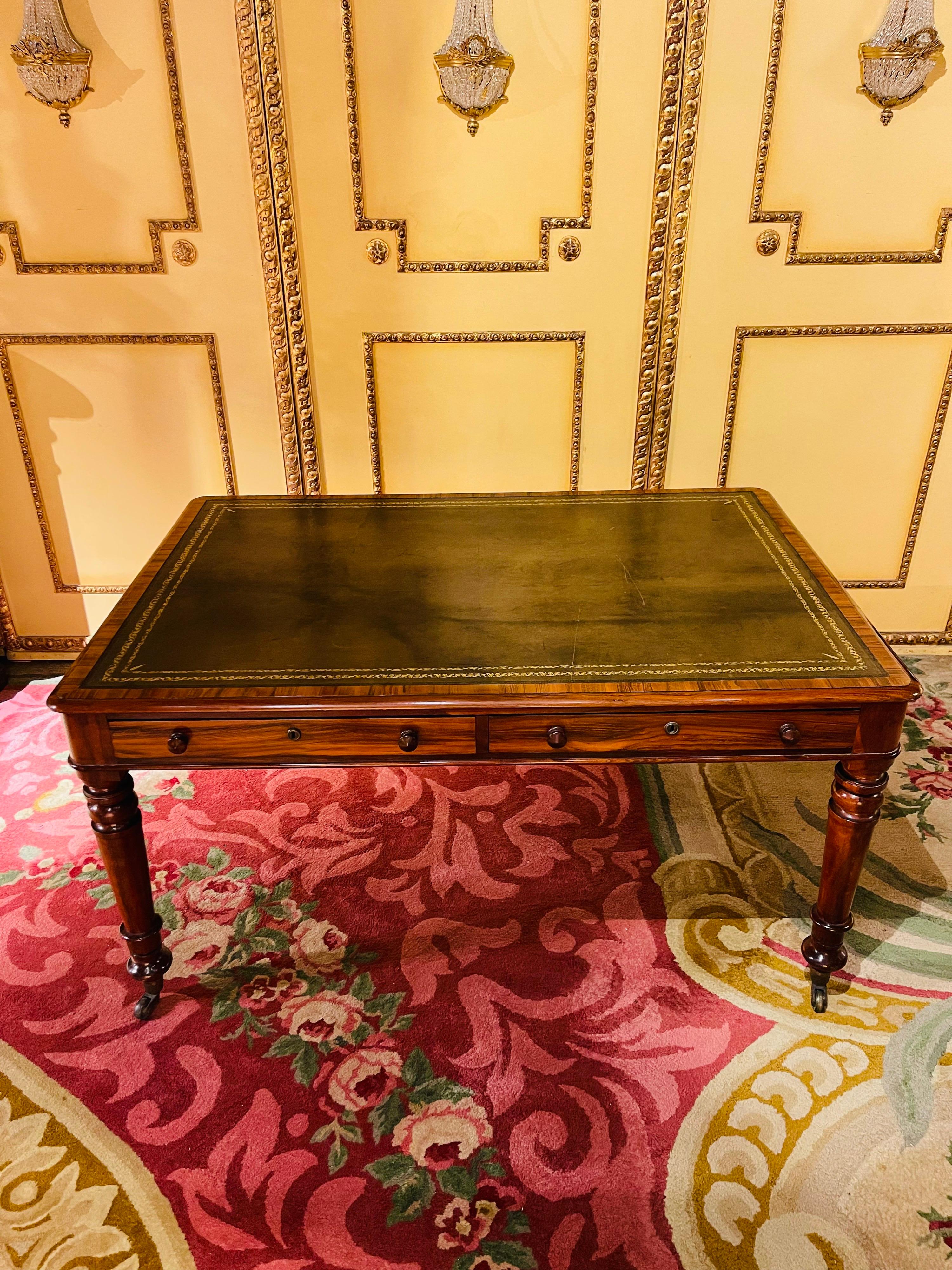 19th Century Victorian English Partner Desk Column Shaped Legs Writing Table 1