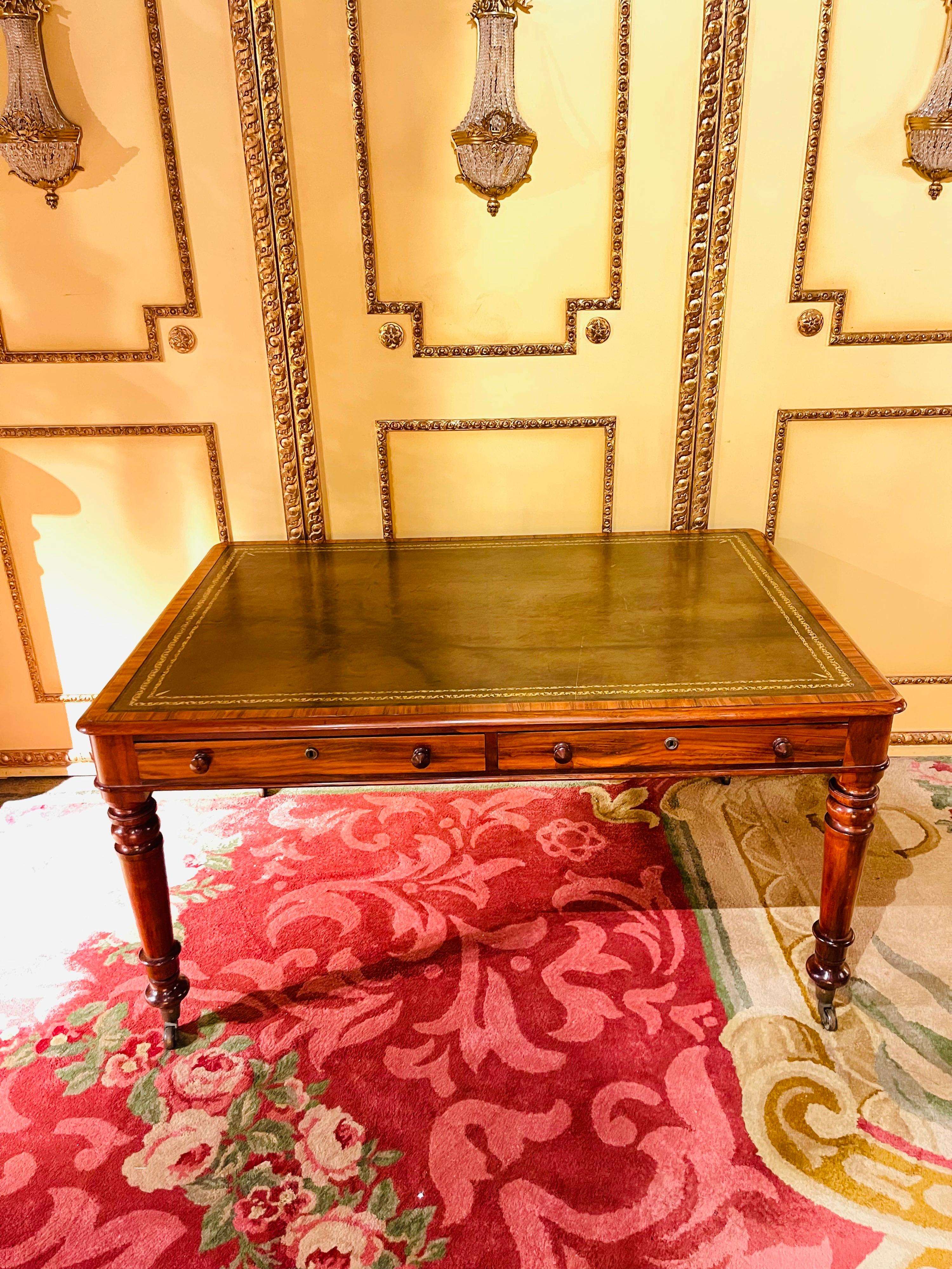 19th Century Victorian English Partner Desk Column Shaped Legs Writing Table 2