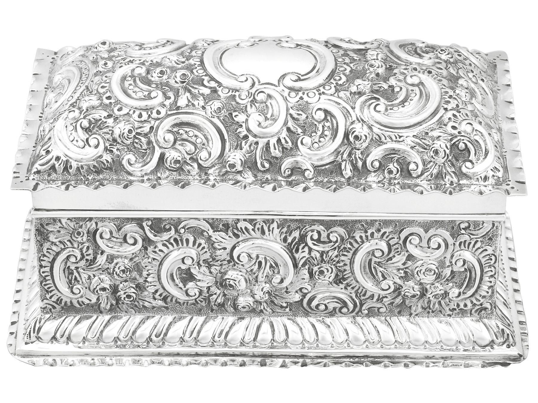 An exceptional, fine and impressive antique Victorian English sterling silver jewelry box; an addition to the ornamental silverware collection.

This exceptional antique sterling silver jewelry casket has a rectangular shaped form.

The surface