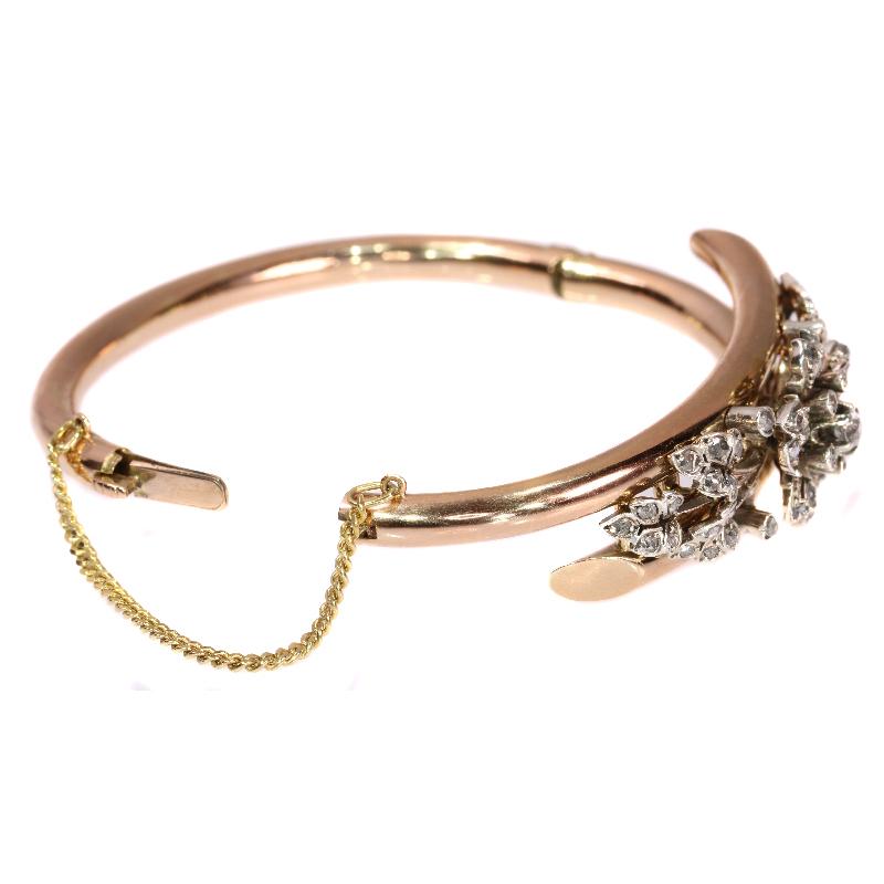 Women's 19th Century Victorian European Cut Diamond and Rose Gold Flower Bangle, 1870s