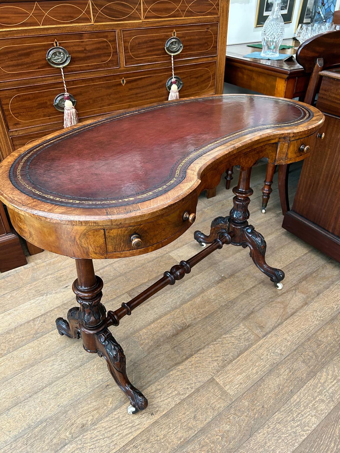 Hand-Crafted 19th Century Victorian Figured Walnut Kidney shaped Writing Table