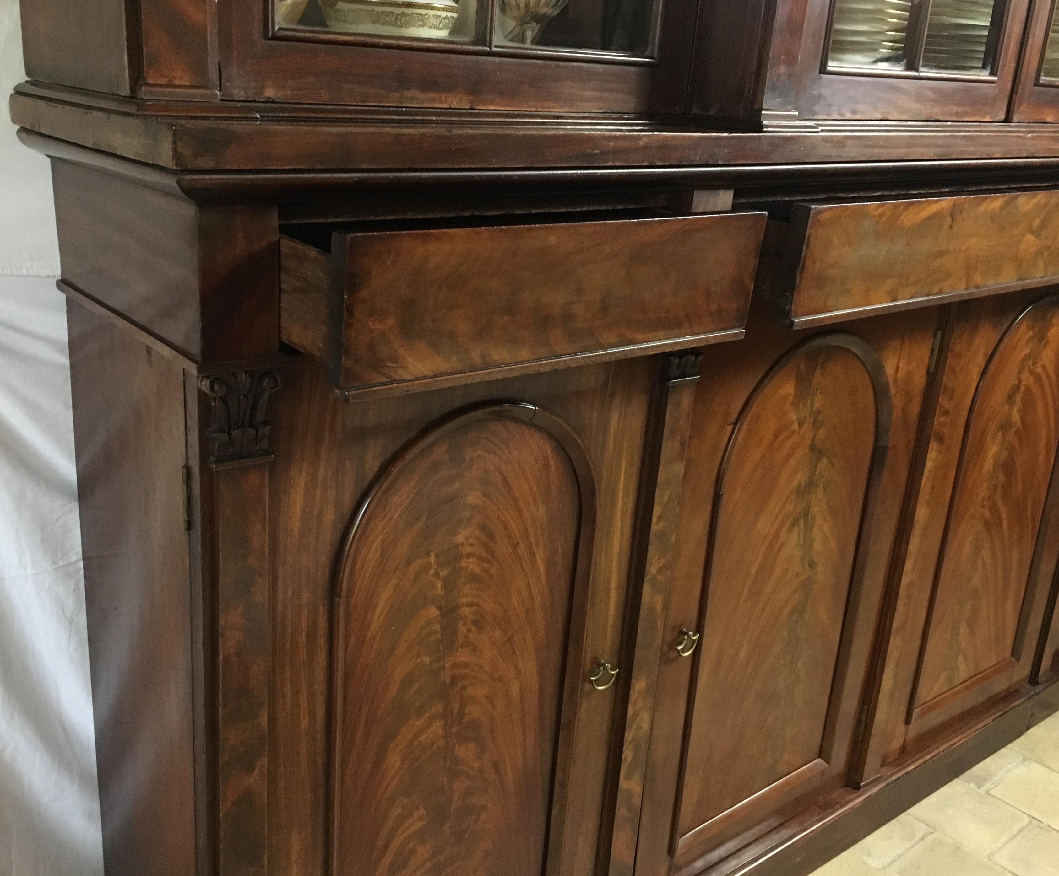 19th Century Victorian Flame Mahogany Breakfront Bookcase, Cabinet or Wardrobe 4