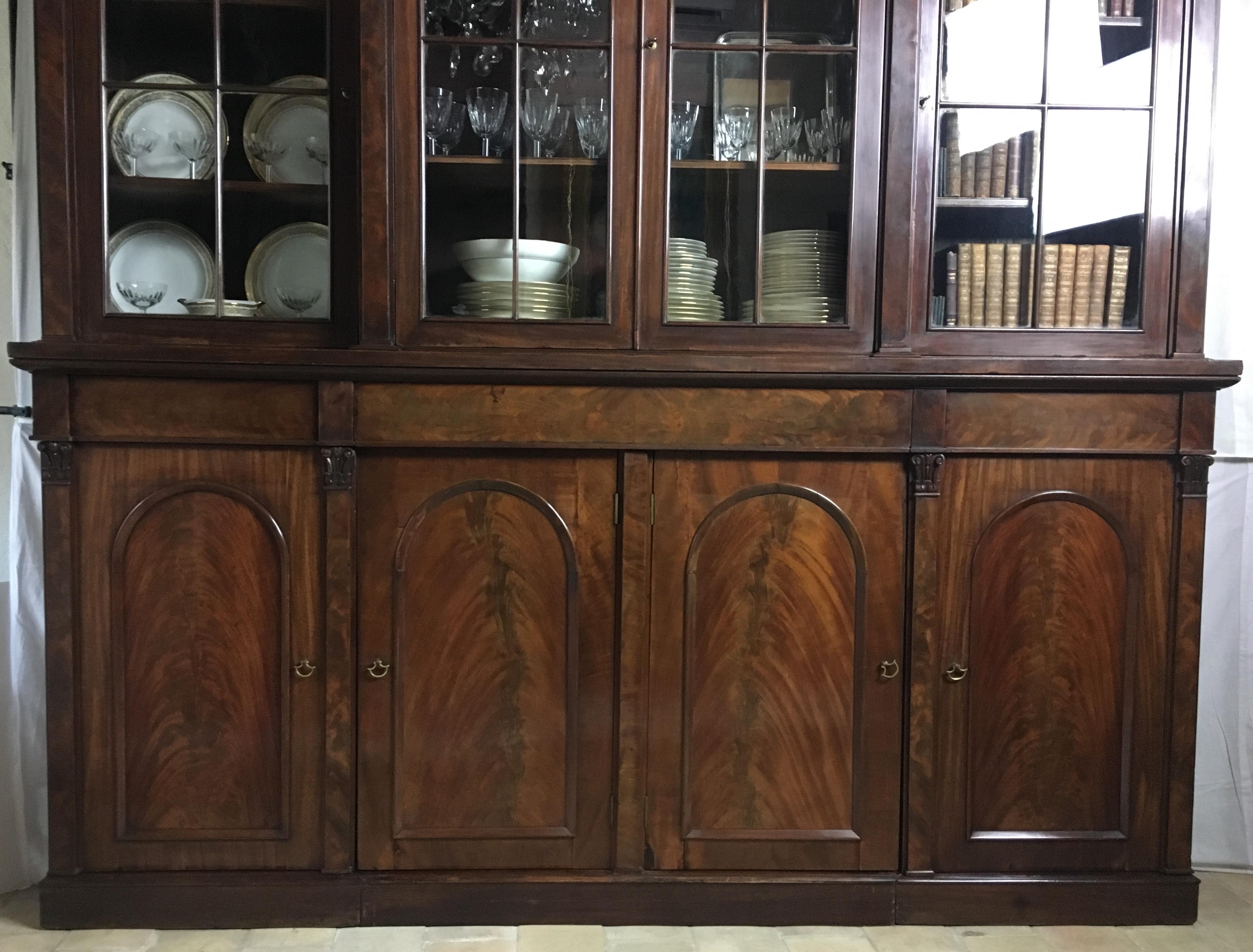 19th Century Victorian Flame Mahogany Breakfront Bookcase, Cabinet or Wardrobe 5