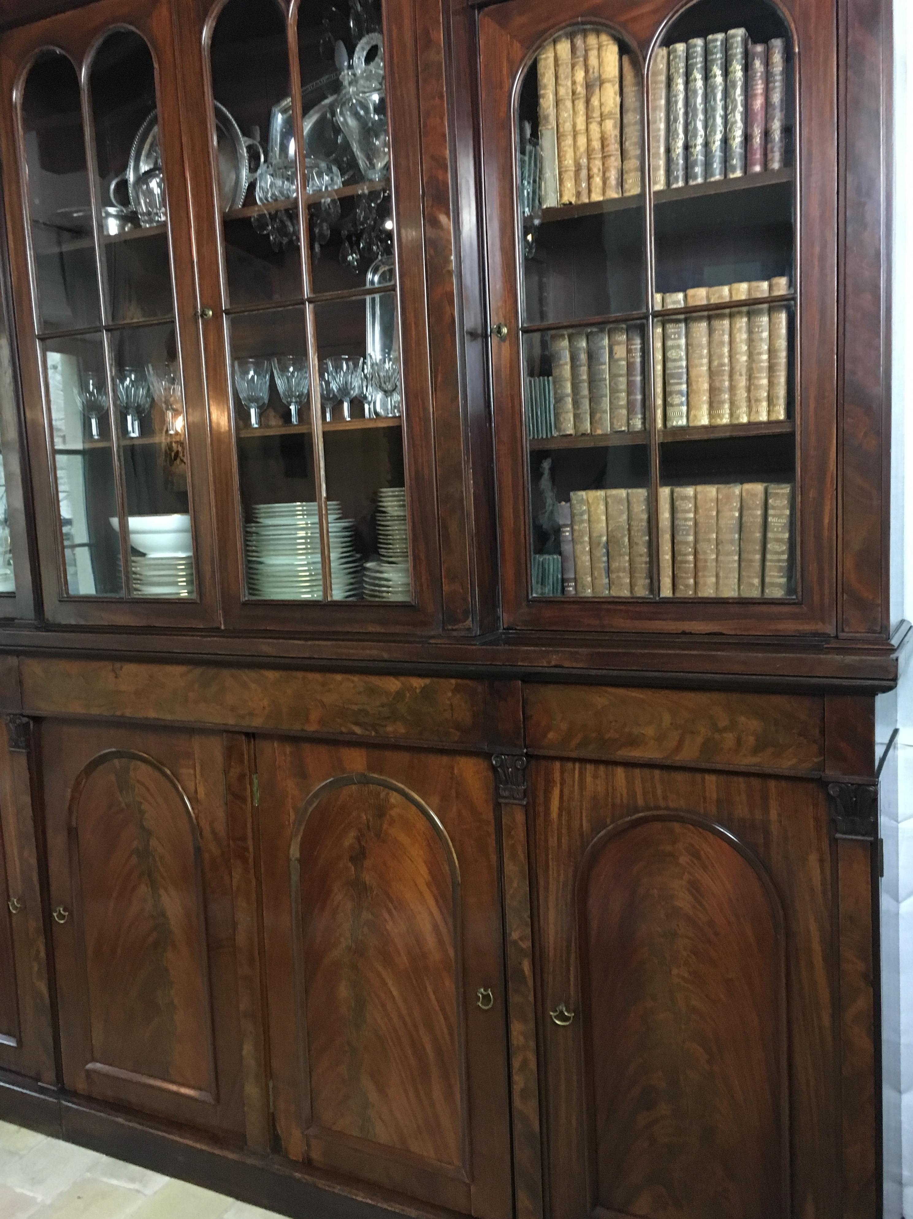 Early Victorian 19th Century Victorian Flame Mahogany Breakfront Bookcase, Cabinet or Wardrobe