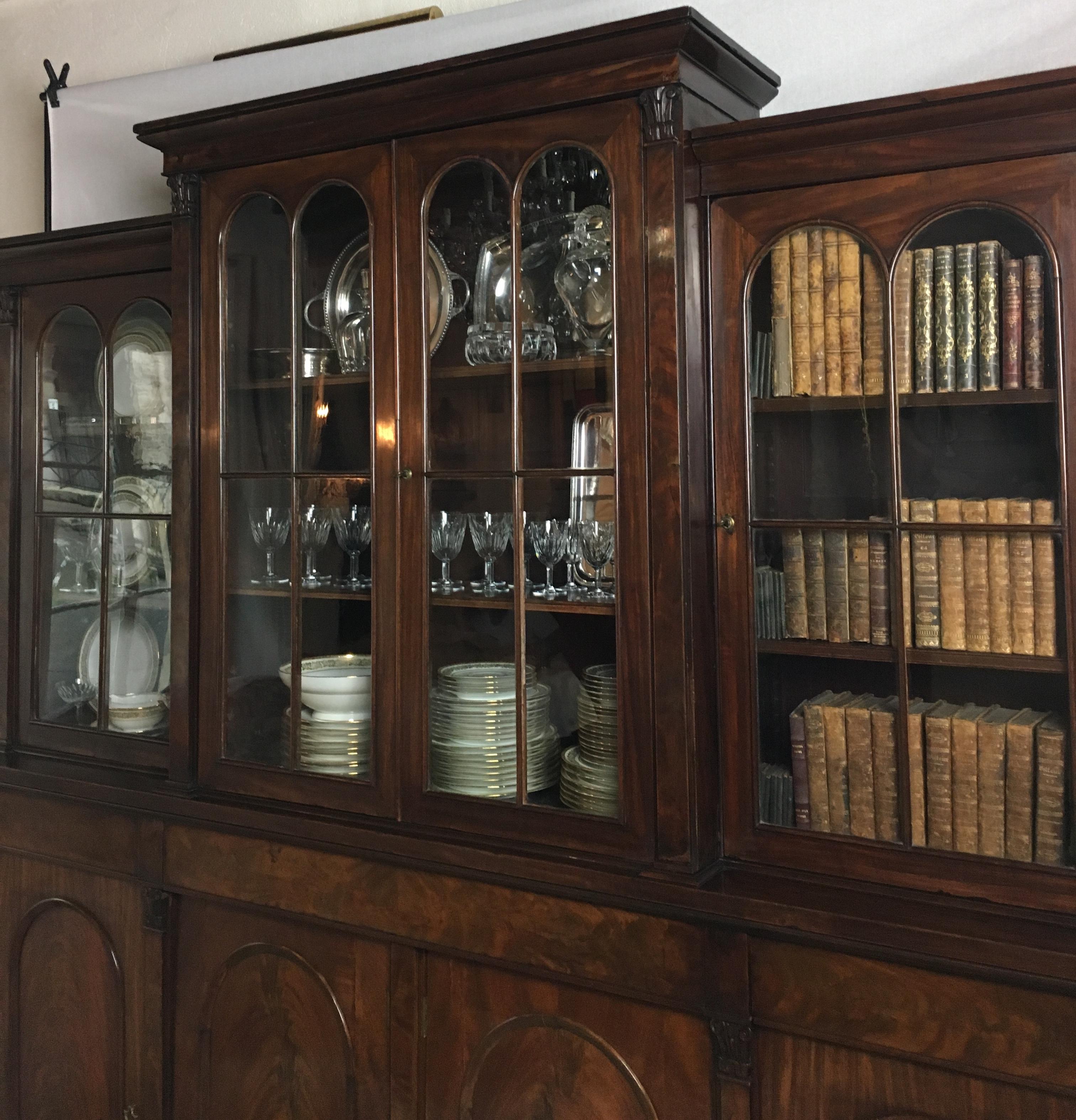 English 19th Century Victorian Flame Mahogany Breakfront Bookcase, Cabinet or Wardrobe