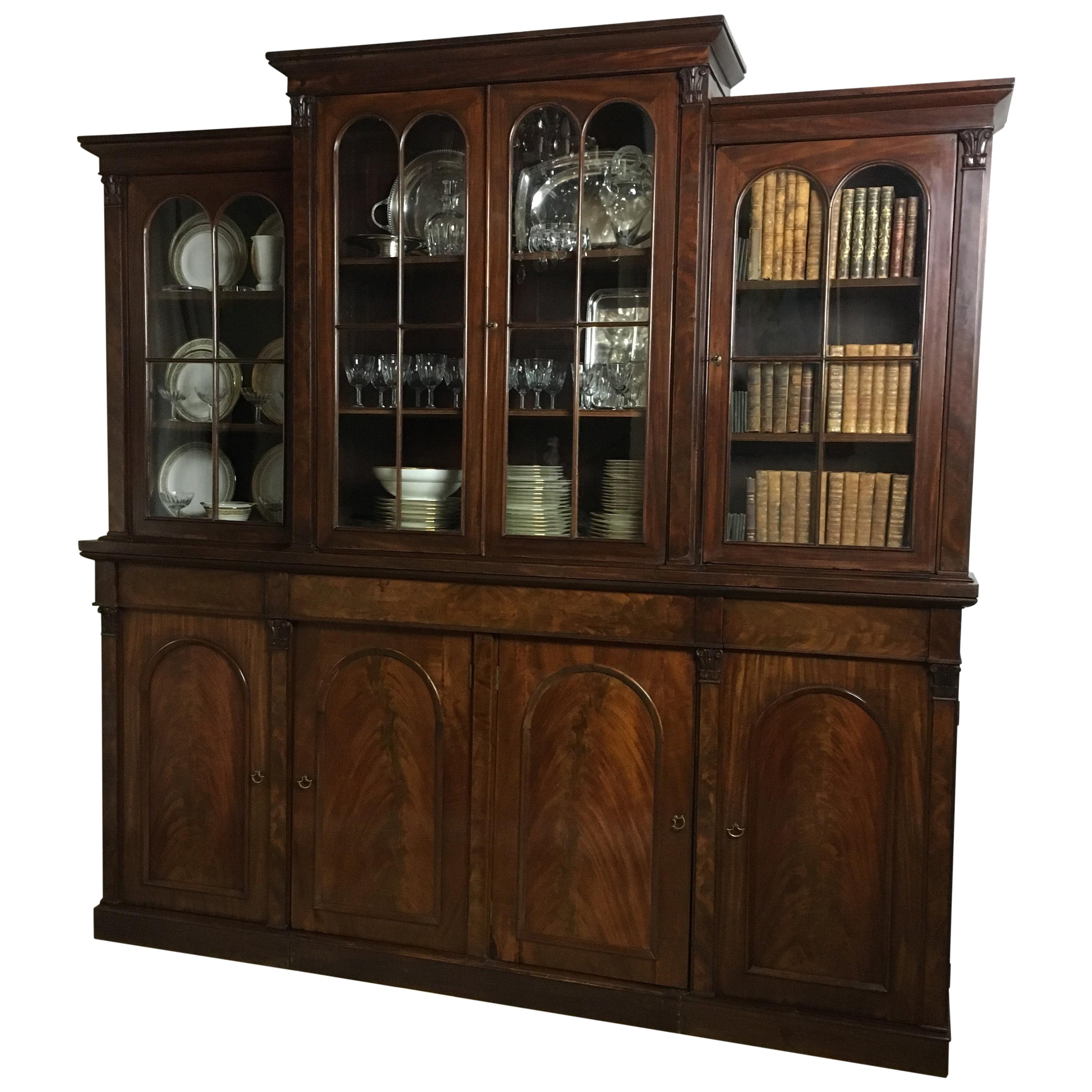 19th Century Victorian Flame Mahogany Breakfront Bookcase, Cabinet or Wardrobe