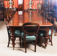 19th Century Victorian Flame Mahogany Dining Table & 14 Antique Chairs