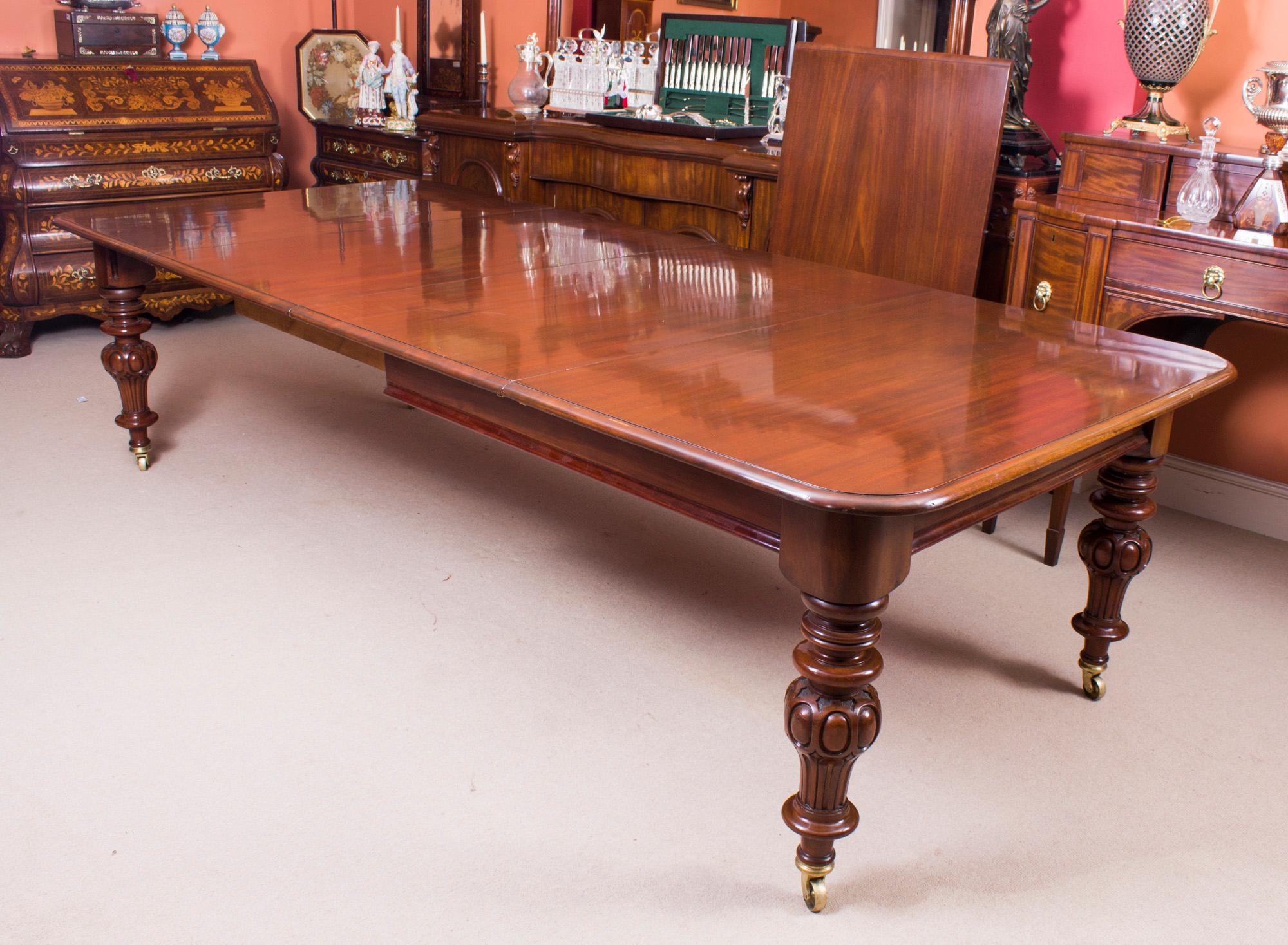 English 19th Century Victorian Flame Mahogany Dining Table & 14 Antique Chairs