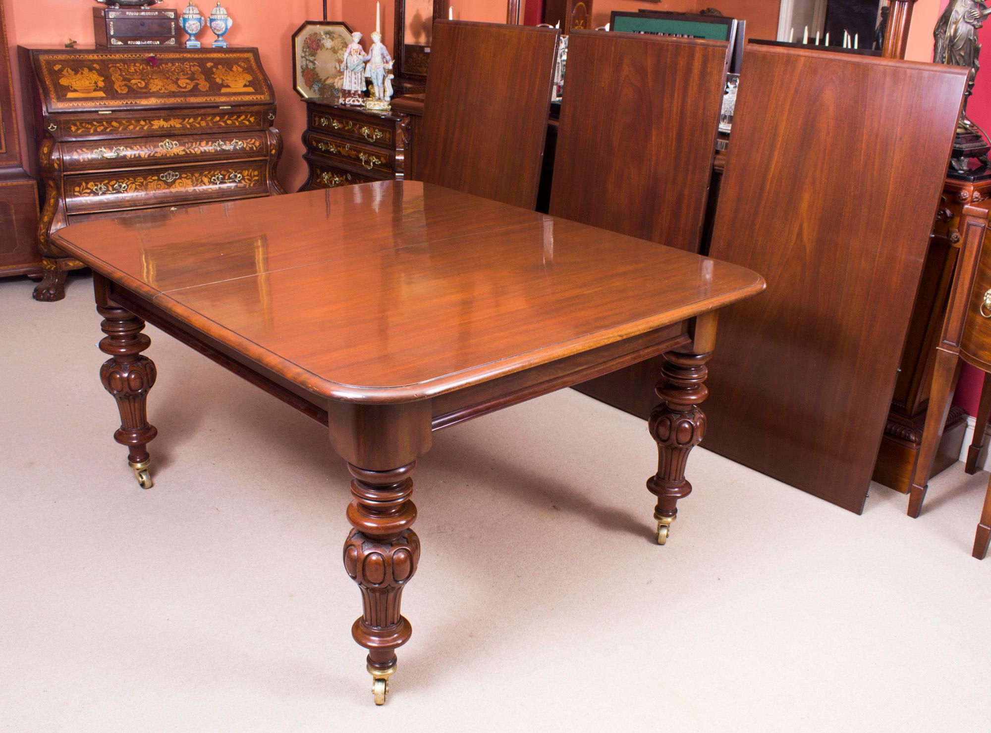 Mid-19th Century 19th Century Victorian Flame Mahogany Dining Table & 14 Antique Chairs
