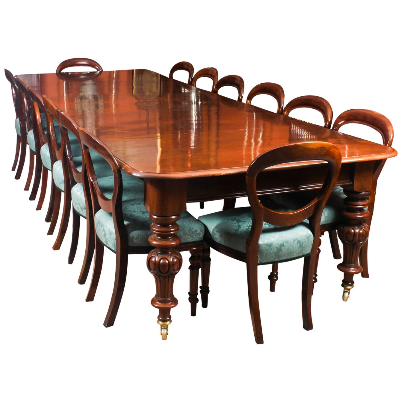 19th Century Victorian Flame Mahogany Dining Table & 14 Antique Chairs