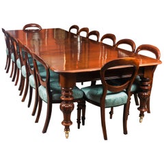 19th Century Victorian Flame Mahogany Dining Table & 14 Antique Chairs