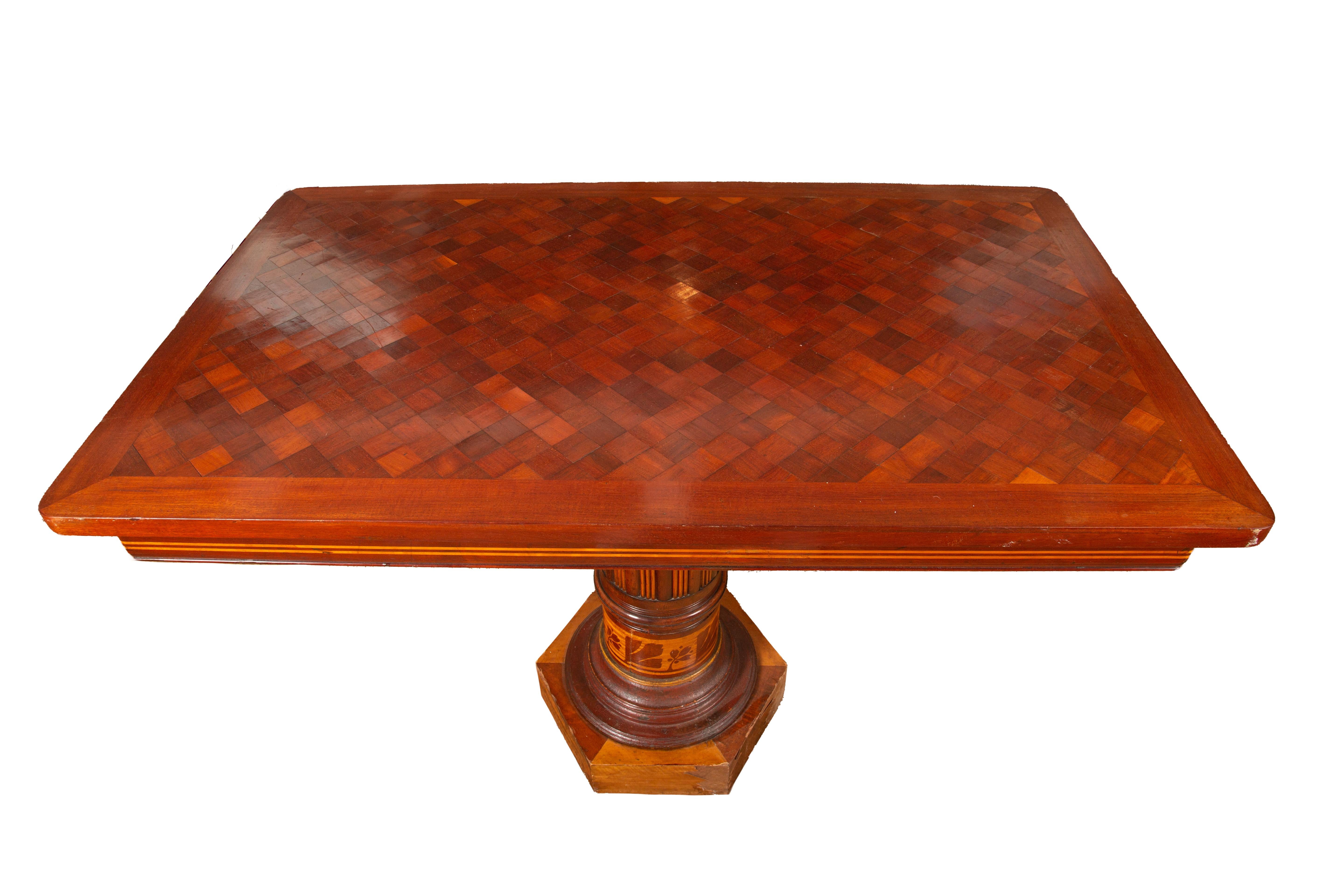 Enhance your hallway or entryway with the timeless elegance of this Victorian Wood Rectangular Hall Table. Its exquisite design features a columnar form base adorned with reed and floral inlay, adding a touch of sophistication to any space. The