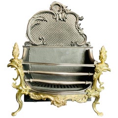 19th Century Victorian French Rococo Style Brass & Iron Fire Grate Basket