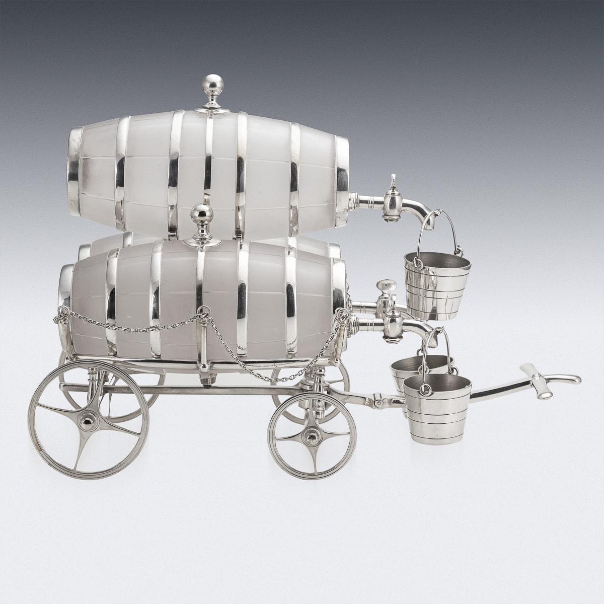 Antique 19th century Victorian silver plated & glass mounted spirit barrel cart, manufactured around the 1880s to store and serve fine spirits. The carts wheels are functional, allowing the entire dinner table to be able to enjoy a tipple after a