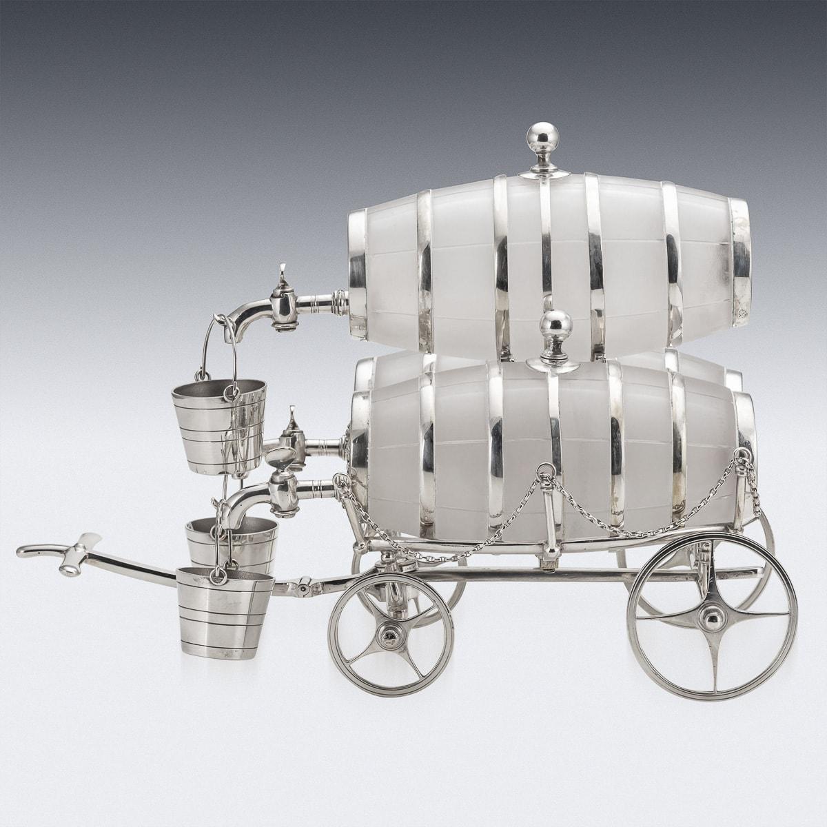 19th Century Victorian Frosted Glass & Silver Plated Spirit Barrel Cart, c.1880 In Good Condition For Sale In Royal Tunbridge Wells, Kent