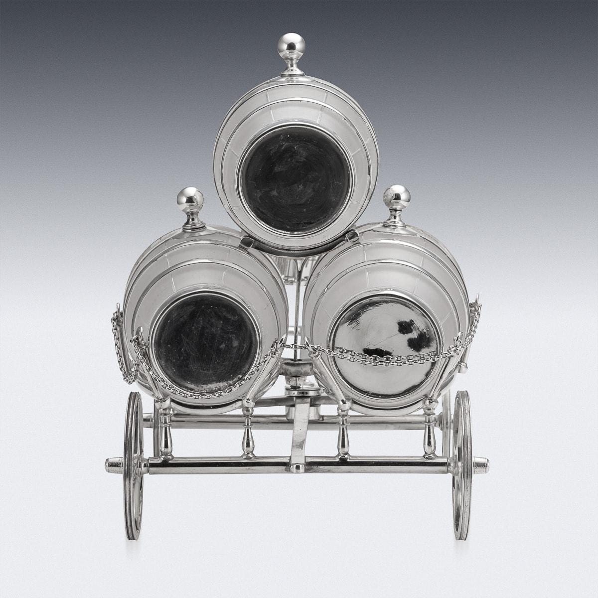 Viktorianischer Spirit Barrel-wagen aus mattiertem Glas und versilbertem Glas aus dem 19. Jahrhundert, um 1880 (Silber) im Angebot